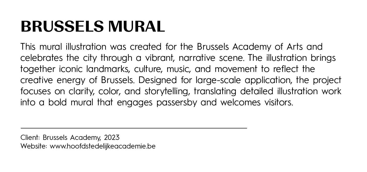 Sign titled 'Brussels Mural' explaining the mural created for the Brussels Academy of Arts, celebrating the city's culture, landmarks, music, and movement, designed for large-scale application.