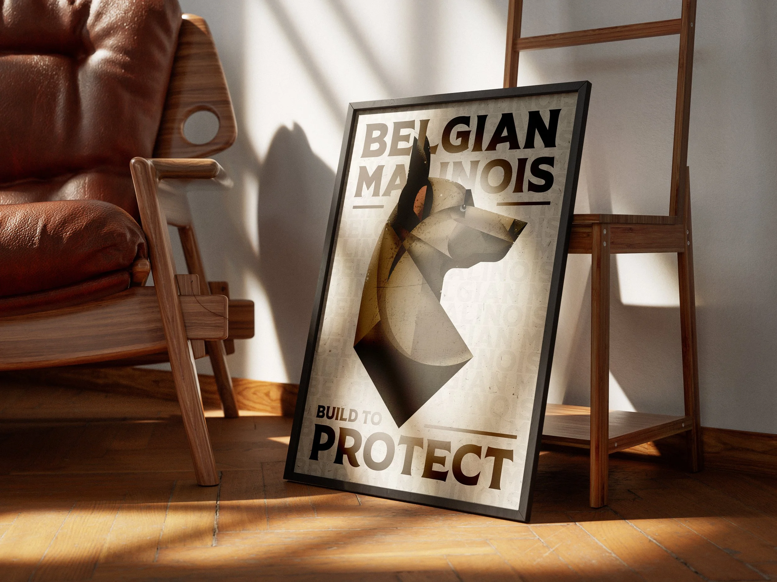Poster with a dog illustration and text that reads 'Belgian Malinoiw,' 'Build to Protect,' leaning against a wooden easel in a sunlit room.