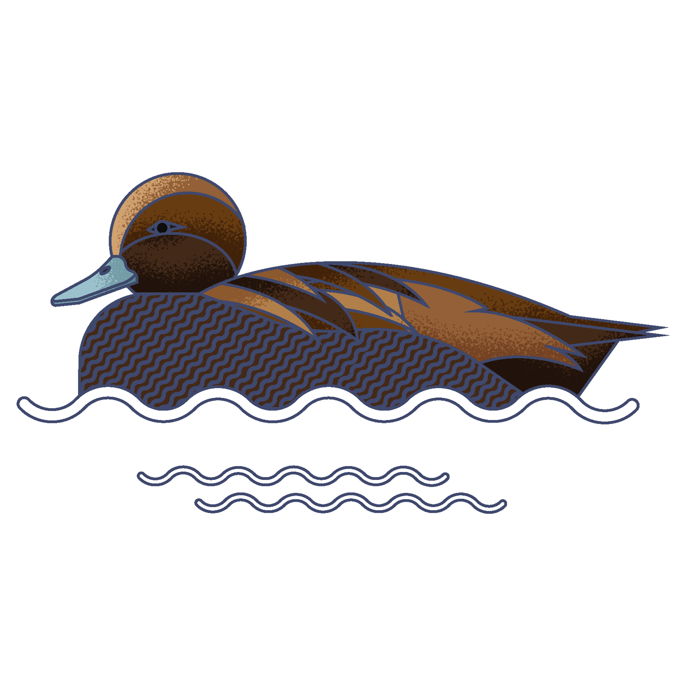 Illustration of a brown duck swimming in water against a blue background.
