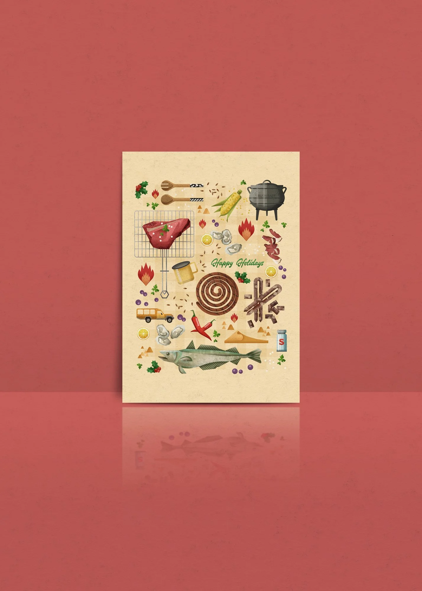 Holiday-themed illustration with food and cooking items, including a steak, fish, spices, grill, and festive decorations, with the text "Happy Holidays".