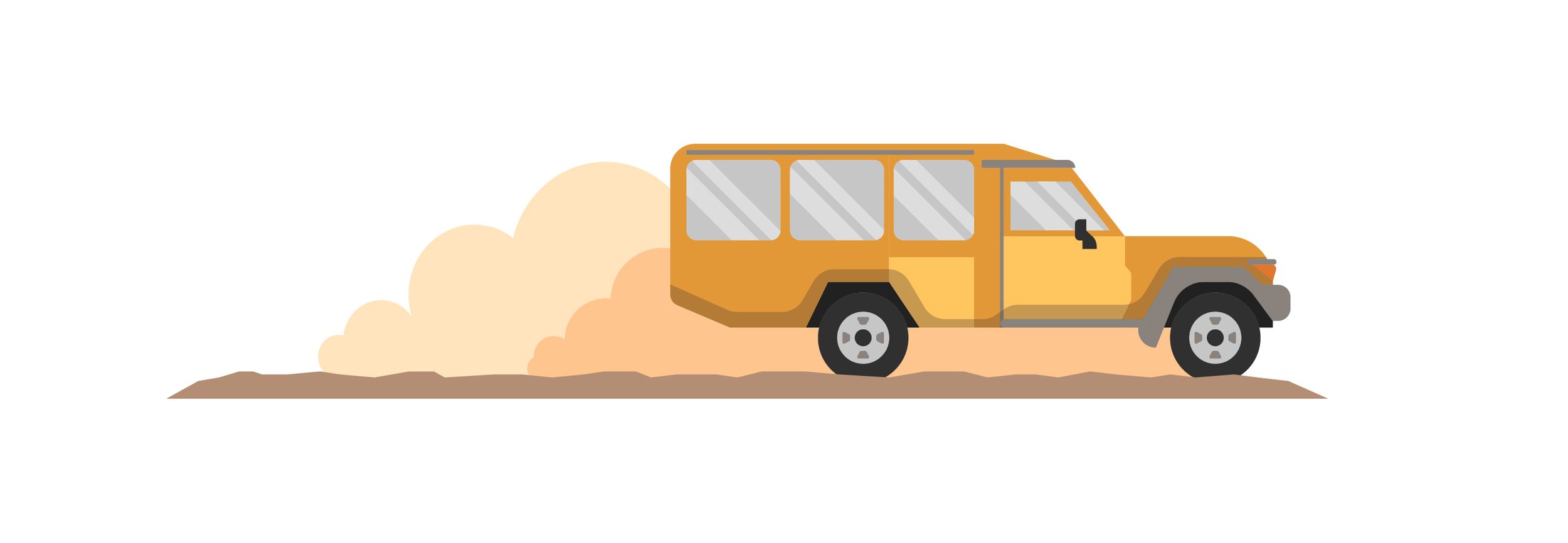 An illustration of a yellow off-road vehicle driving on sandy terrain with dust clouds behind it.