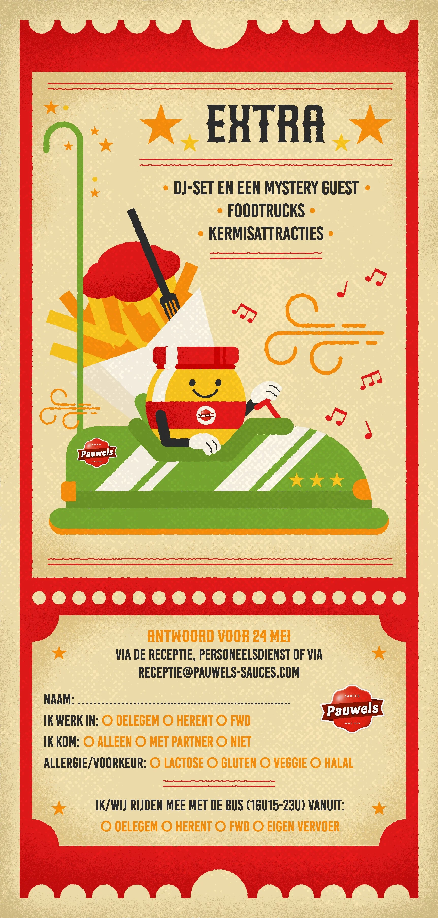 A colorful promotional flyer for 'Pauwels Sauzen' about an event featuring DJ set, mystery guest, food trucks, and kermis attractions, with cartoon illustrations of a happy condiment bottle in a car, musical notes, stars, and decorative borders.