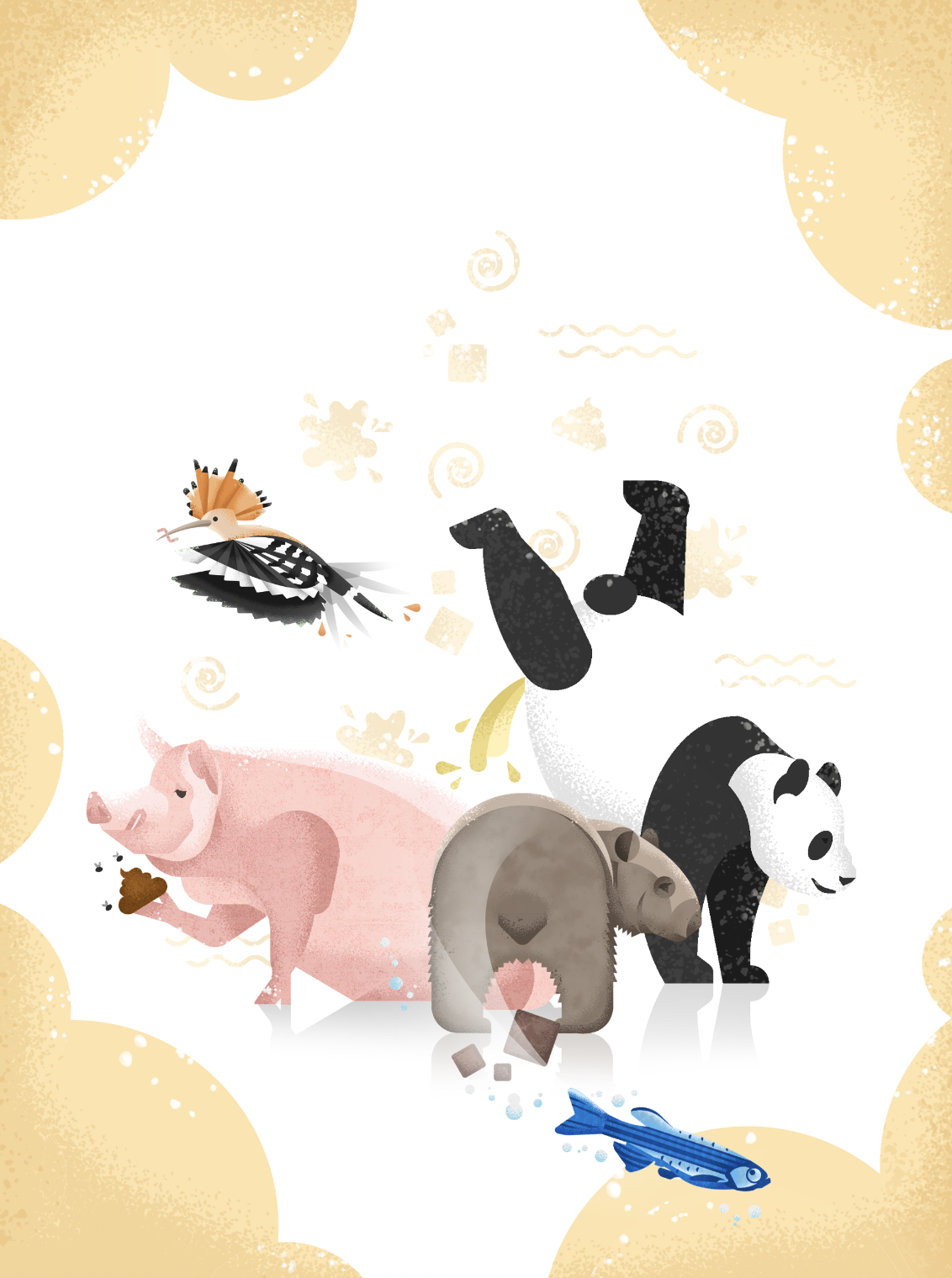 Illustration of farm animals including a pig eating, a bear, a panda, a bird, and a fish, with a white background and yellow decorative borders.