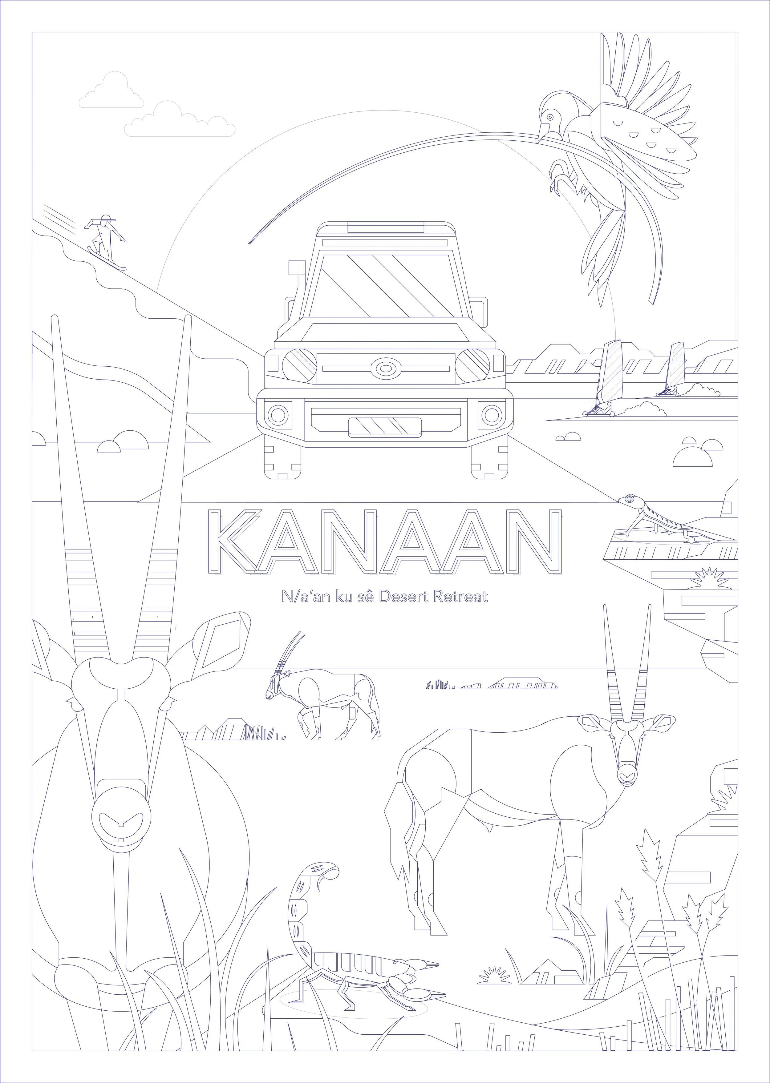 Line drawing of a safari scene with a vehicle, various animals including an antelope, a scorpion, a bird, a lizard, along with scenery such as mountains, trees, and a person hiking with a hat and backpack. The text 'KANAAN' and 'N/a'an ku sê Desert R