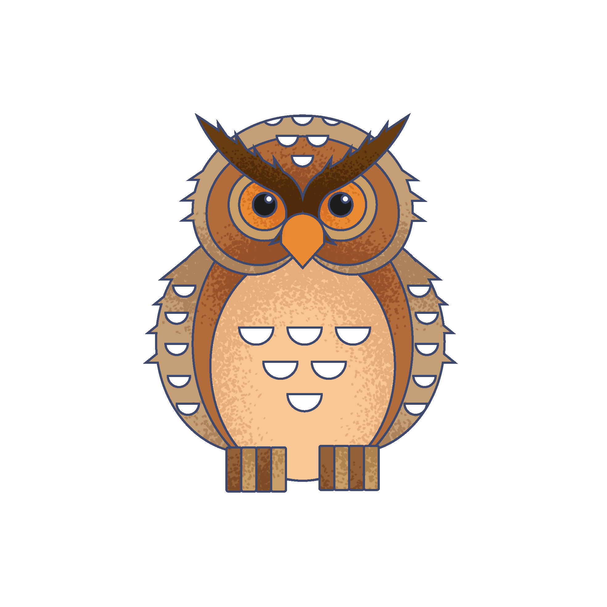 A cartoon owl with brown and beige feathers, large black eyes, and a small orange beak, standing on a dark blue background.