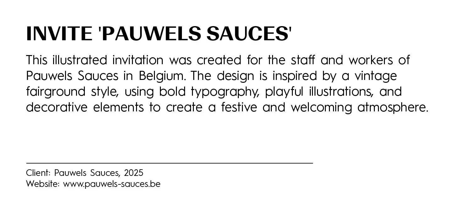 Invitation card for Pauwels Sauces in Belgium, featuring vintage fairground-inspired design with bold typography, playful illustrations, and decorative elements.