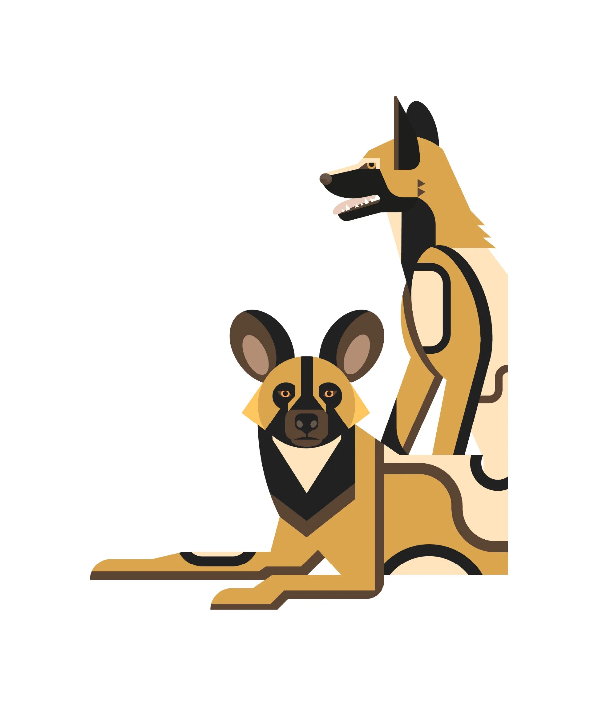 Illustration of two abstract, stylized dogs in a geometric style, one sitting and one standing, with tan, black, and cream colors.