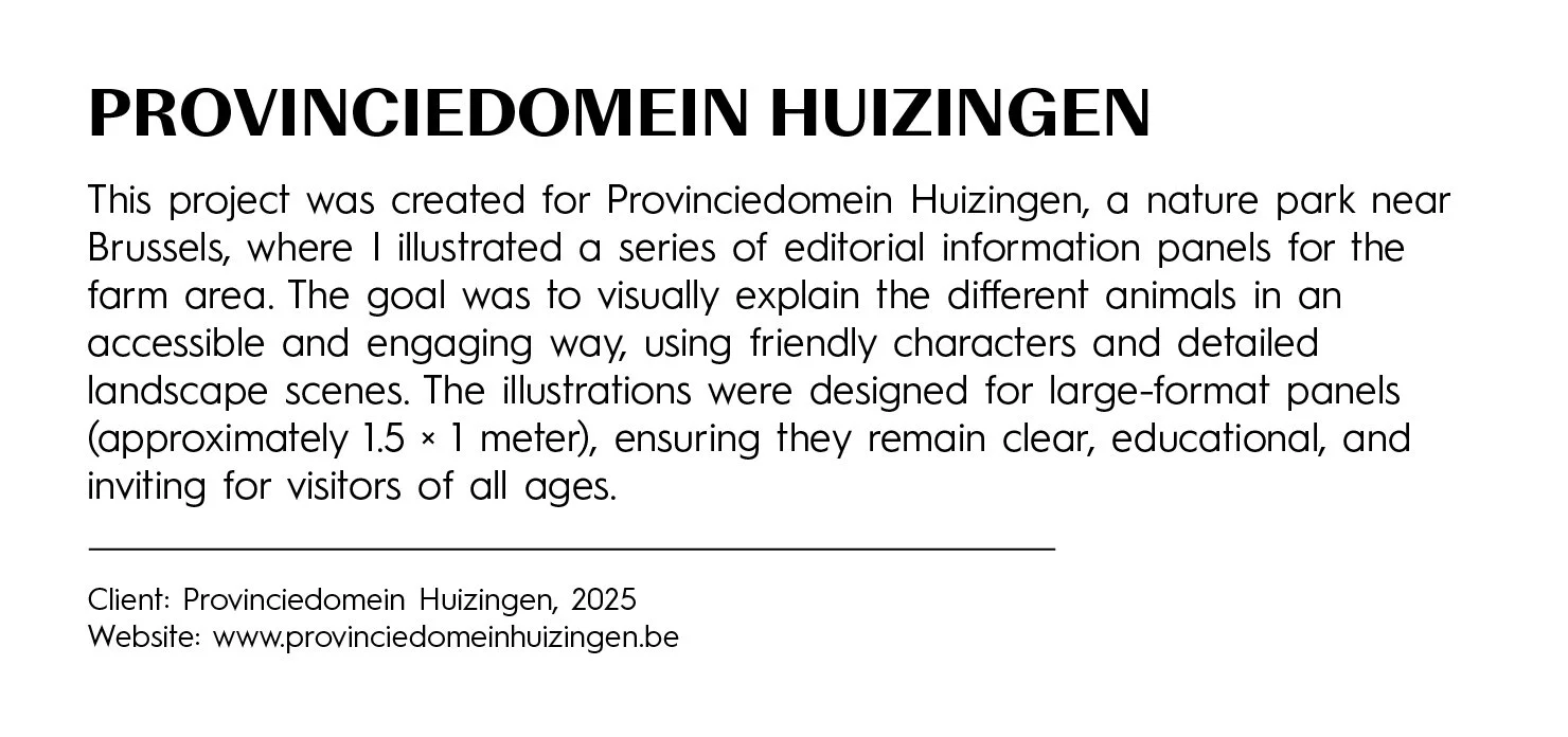 Information panel titled 'PROVINCIEDOMEIN HUIZINGEN' explaining the purpose of educational illustrations for a nature park near Brussels, designed for visitor engagement and accessibility.