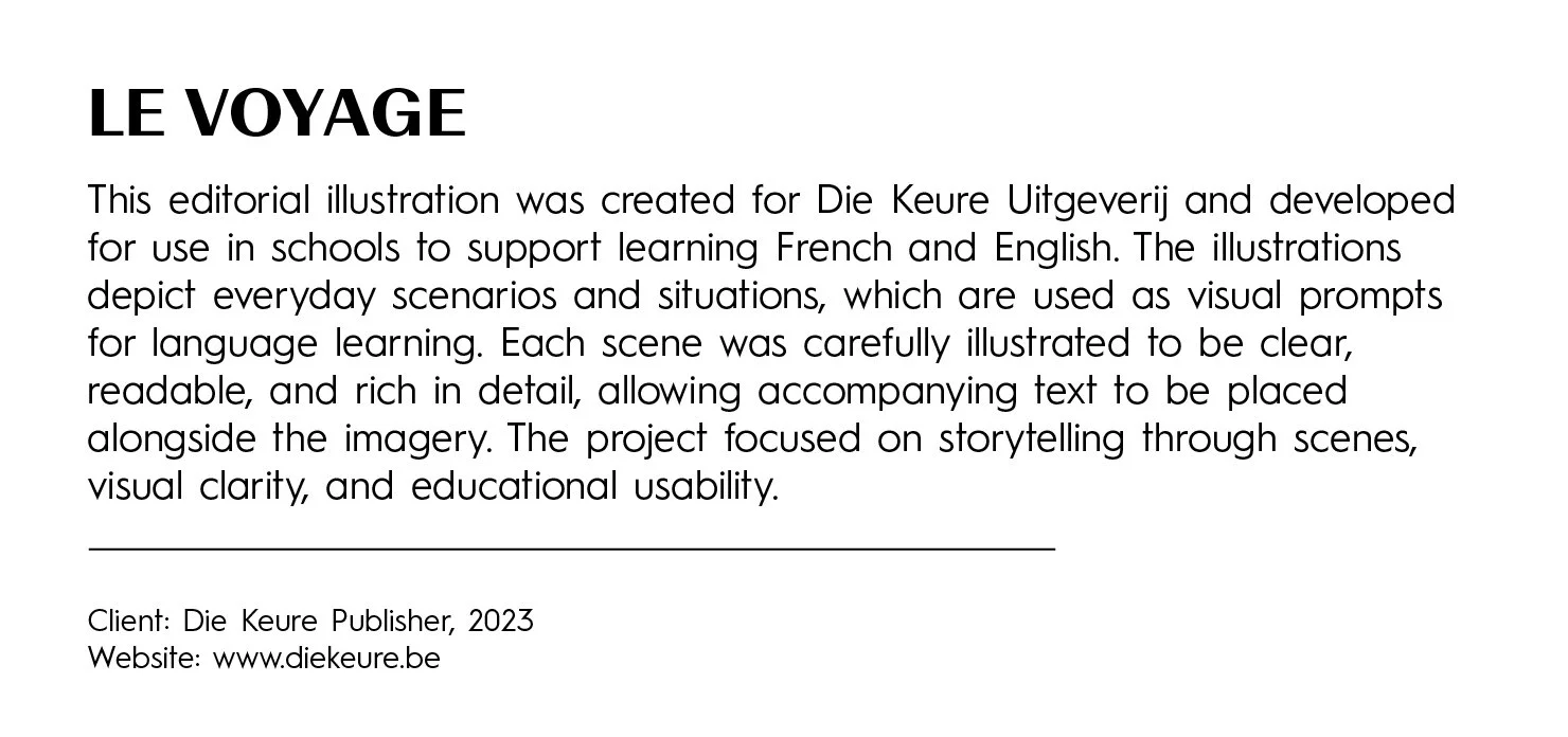 Page with the title 'LE VOYAGE' in bold, followed by a paragraph describing an editorial illustration created for Die Keure Publisher in 2023, supporting learning in French and English through visual prompts and storytelling scenes, with a signature 