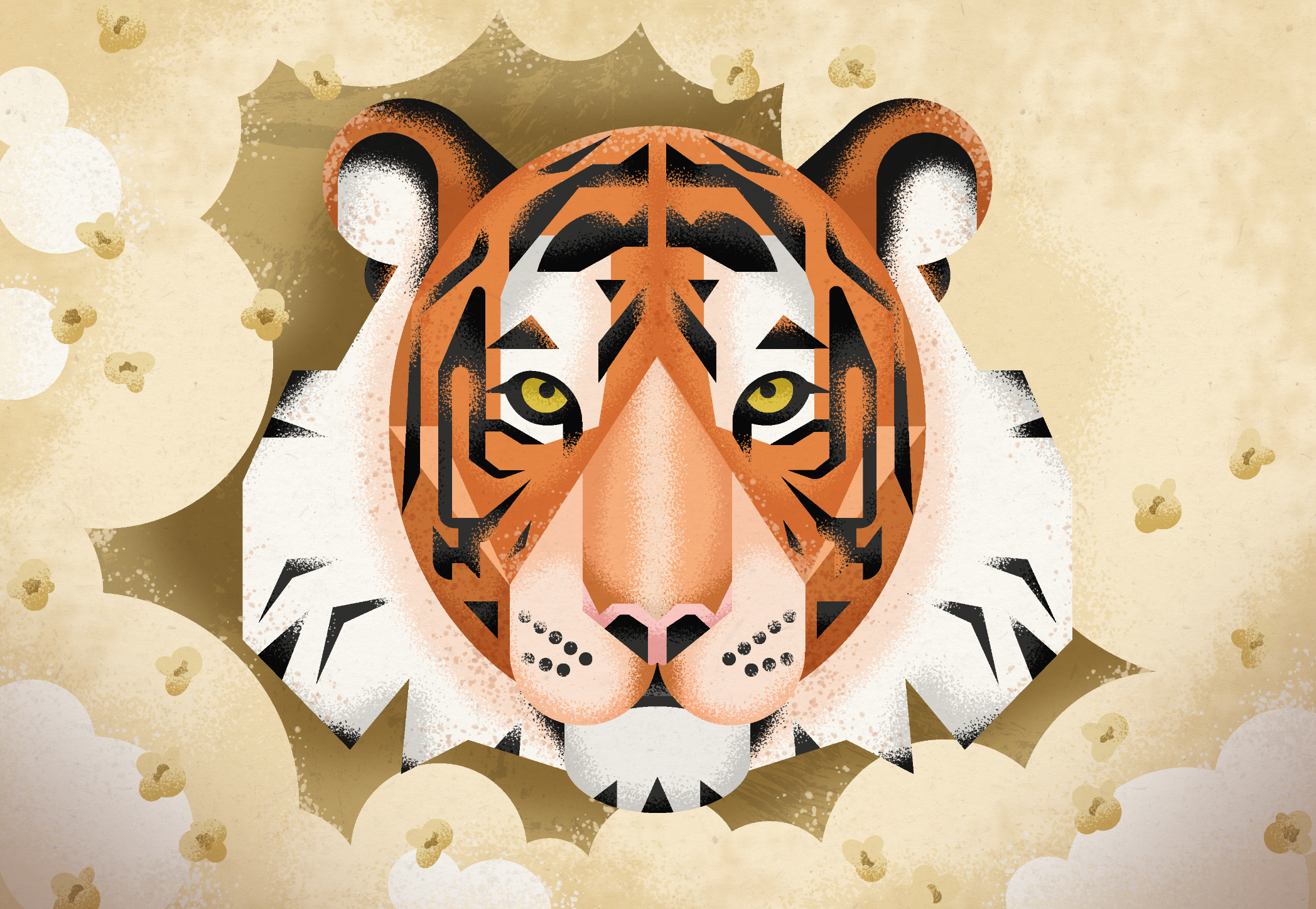 Illustration of a tiger's face emerging from clouds with a textured beige background.