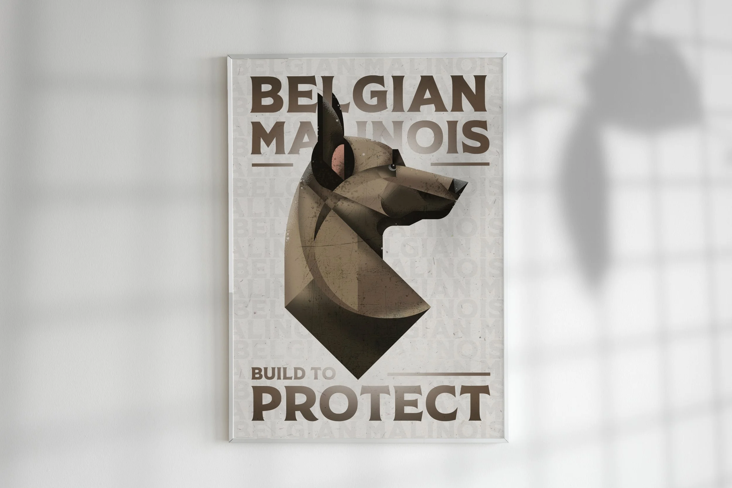 A poster with a stylized drawing of a Belgian Malinois dog and the words "Belgian Malinois" at the top and "Build to Protect" at the bottom.