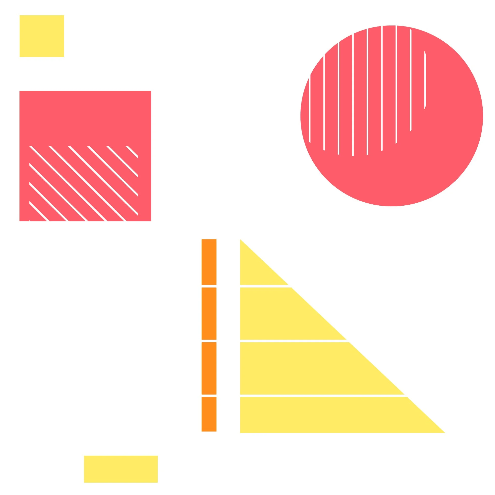 Abstract geometric shapes in yellow, red, and orange on a white background, including squares, a circle, and a triangle with lines.