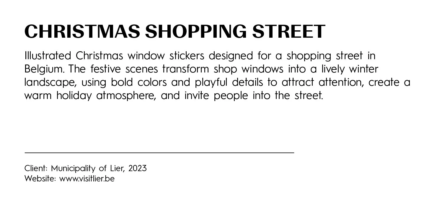 Information sheet about Christmas shopping street window stickers in Belgium, showcasing festive scenes to create a lively winter landscape and inviting people into the street.