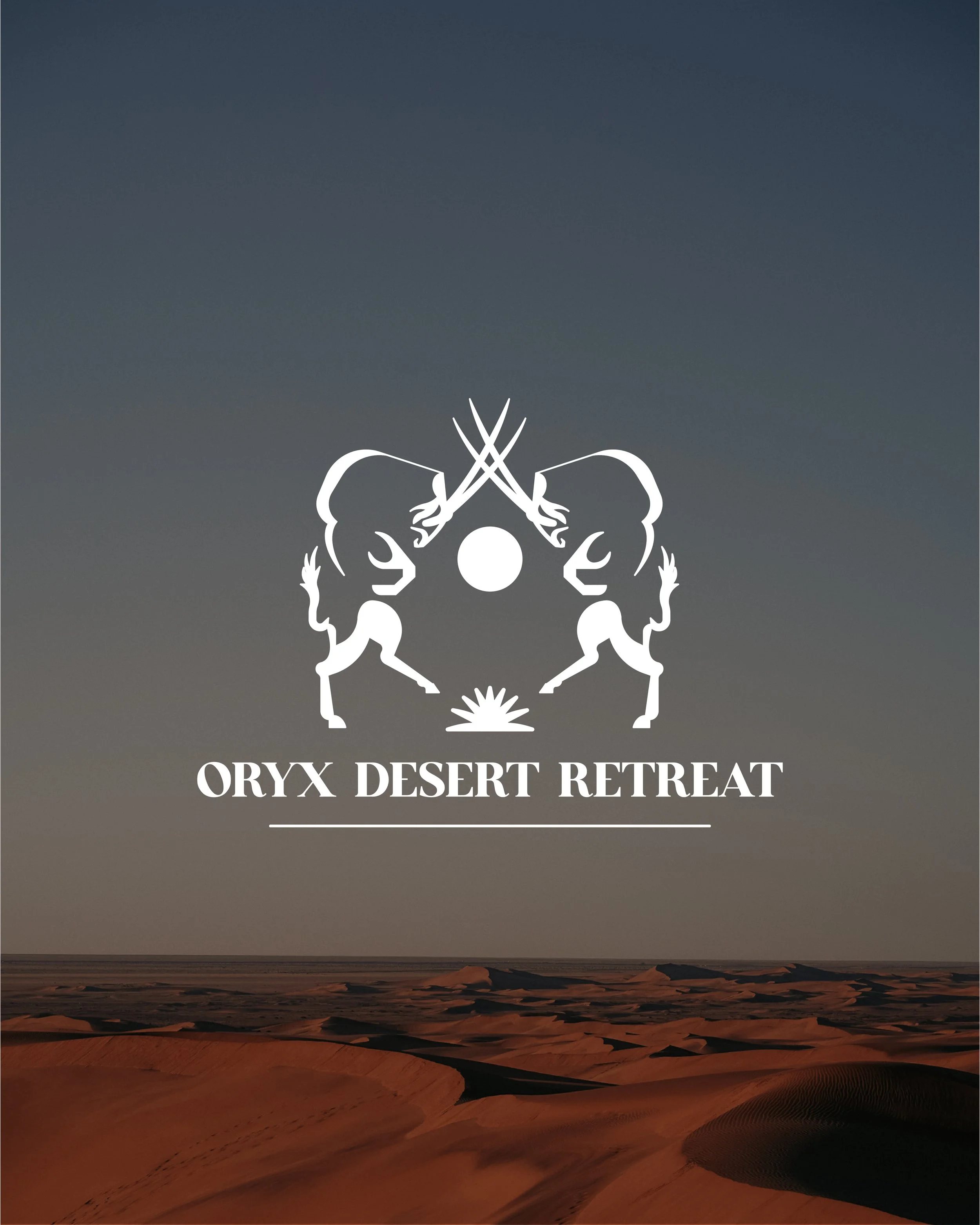 Logo of Oryx Desert Retreat with two oryx antelopes facing each other, a sun or moon in the middle, desert landscape background.