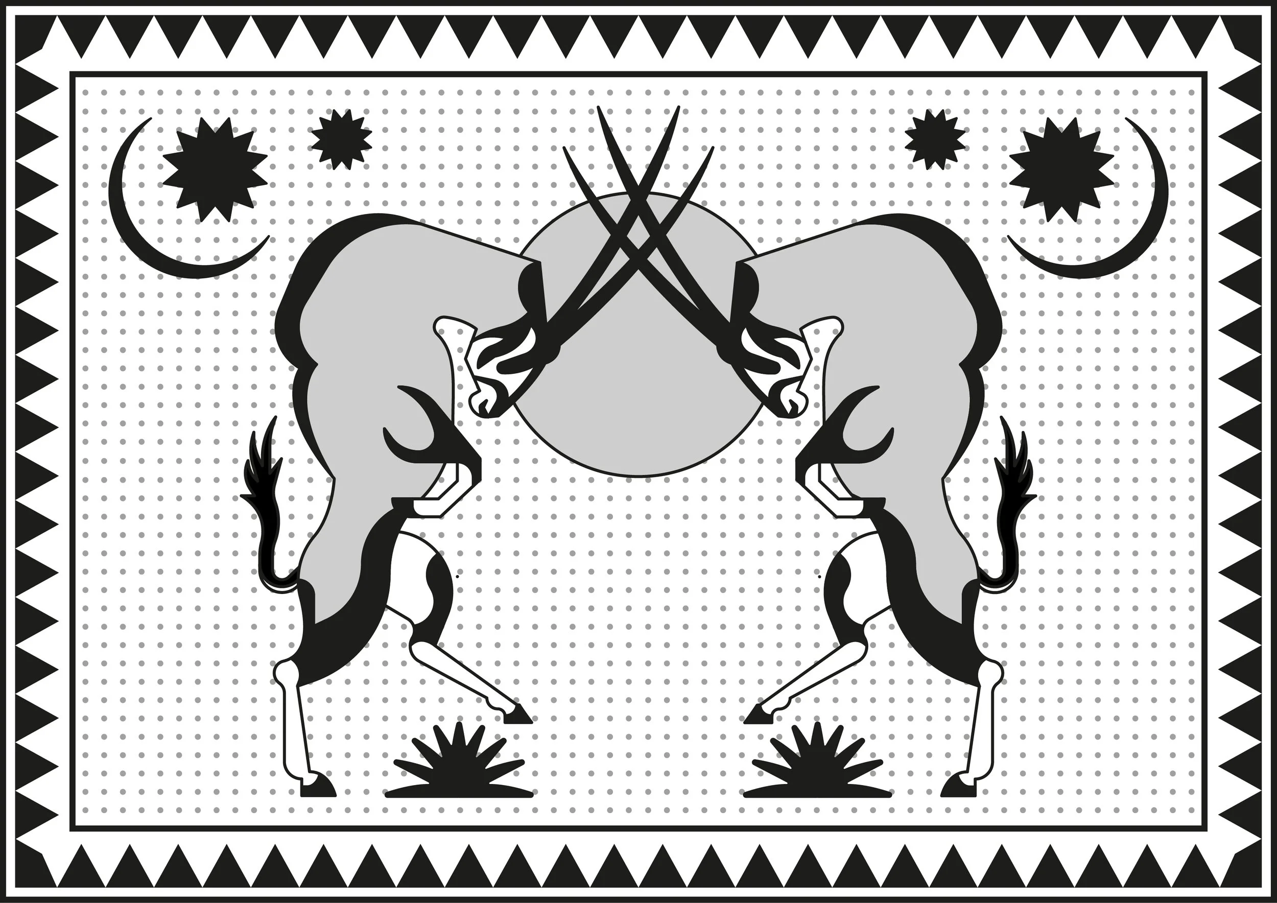 Two stylized oryx facing each other with their horns intersecting, surrounded by stars, moons, and decorative patterns in a symmetrical black and white design.