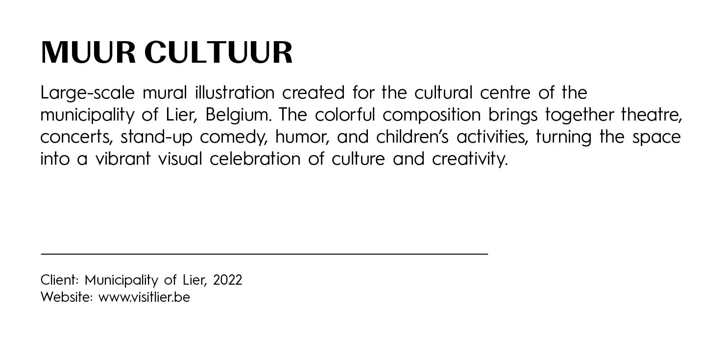 Text describing a large-scale mural illustrating the culture of Lier, Belgium, created for the cultural center, showcasing theater, concerts, comedy, and children's activities.
