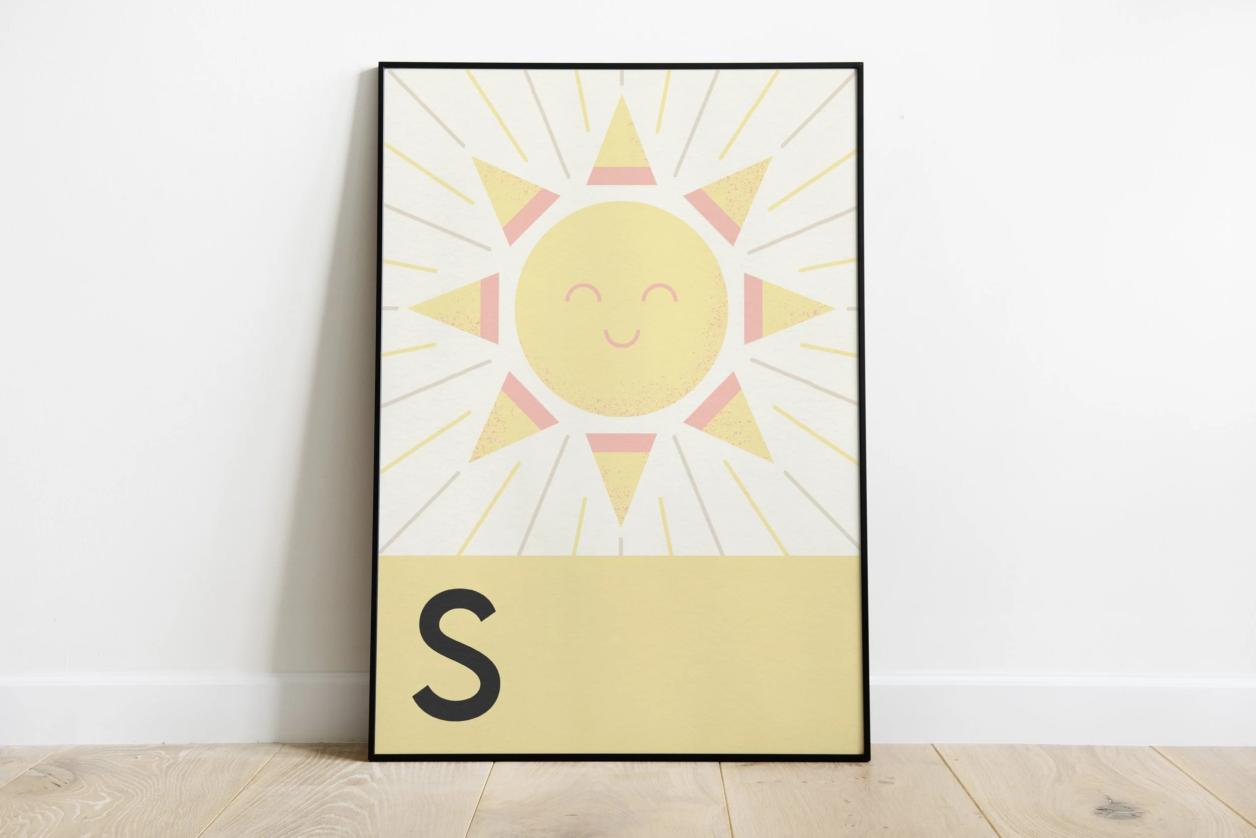 Decorative poster of a smiling sun with a face, rays in pink and yellow, and a large letter 'S' in black at the bottom left corner.
