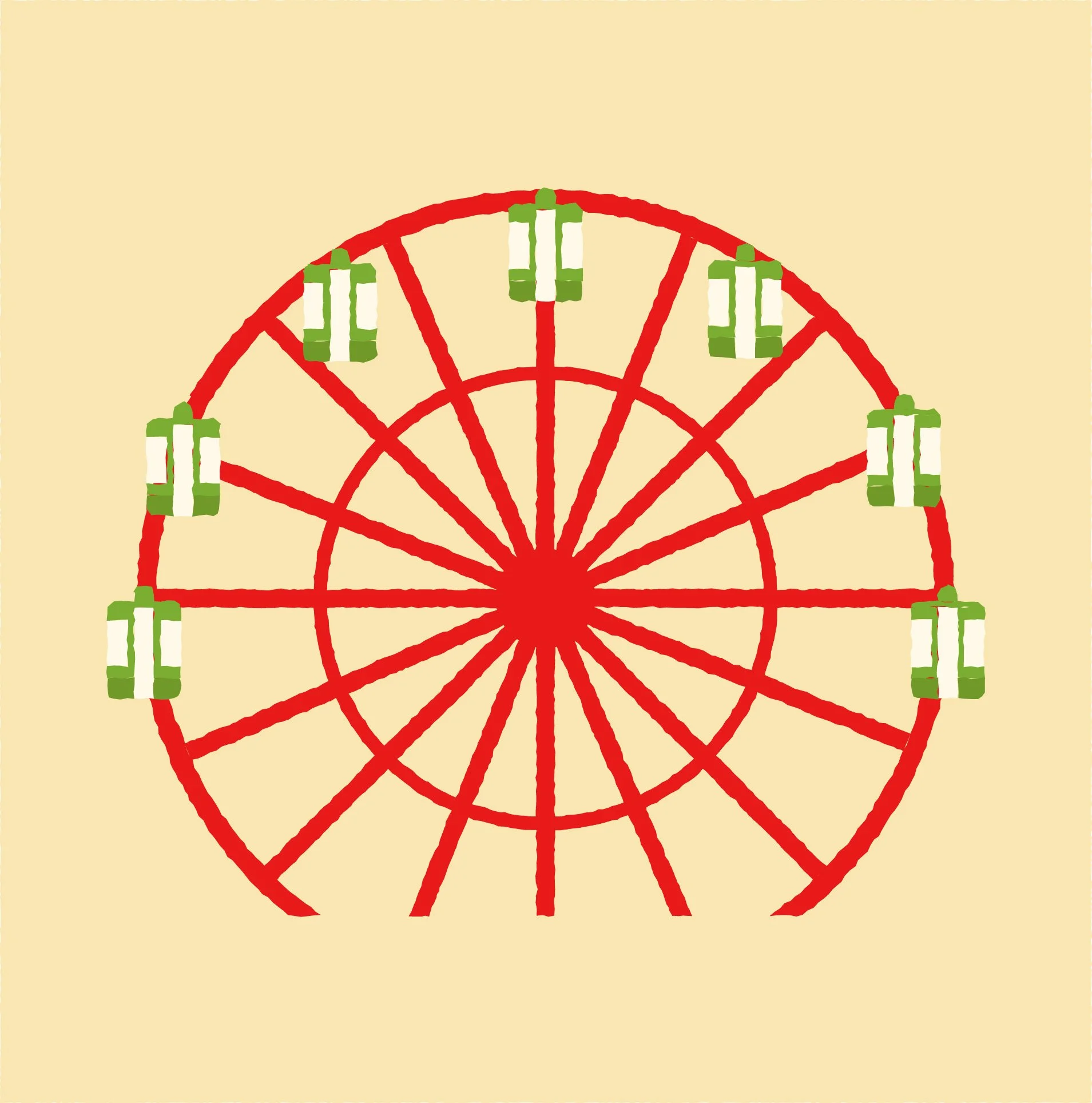 Illustration of a red Ferris wheel with green and white gondolas against a beige background.