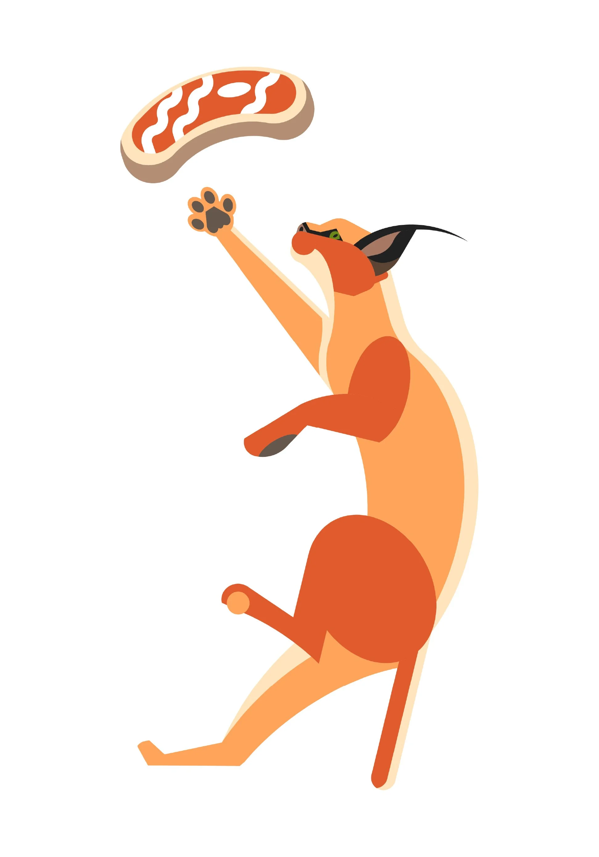 Cartoon of a caracal reaching up to catch meat.