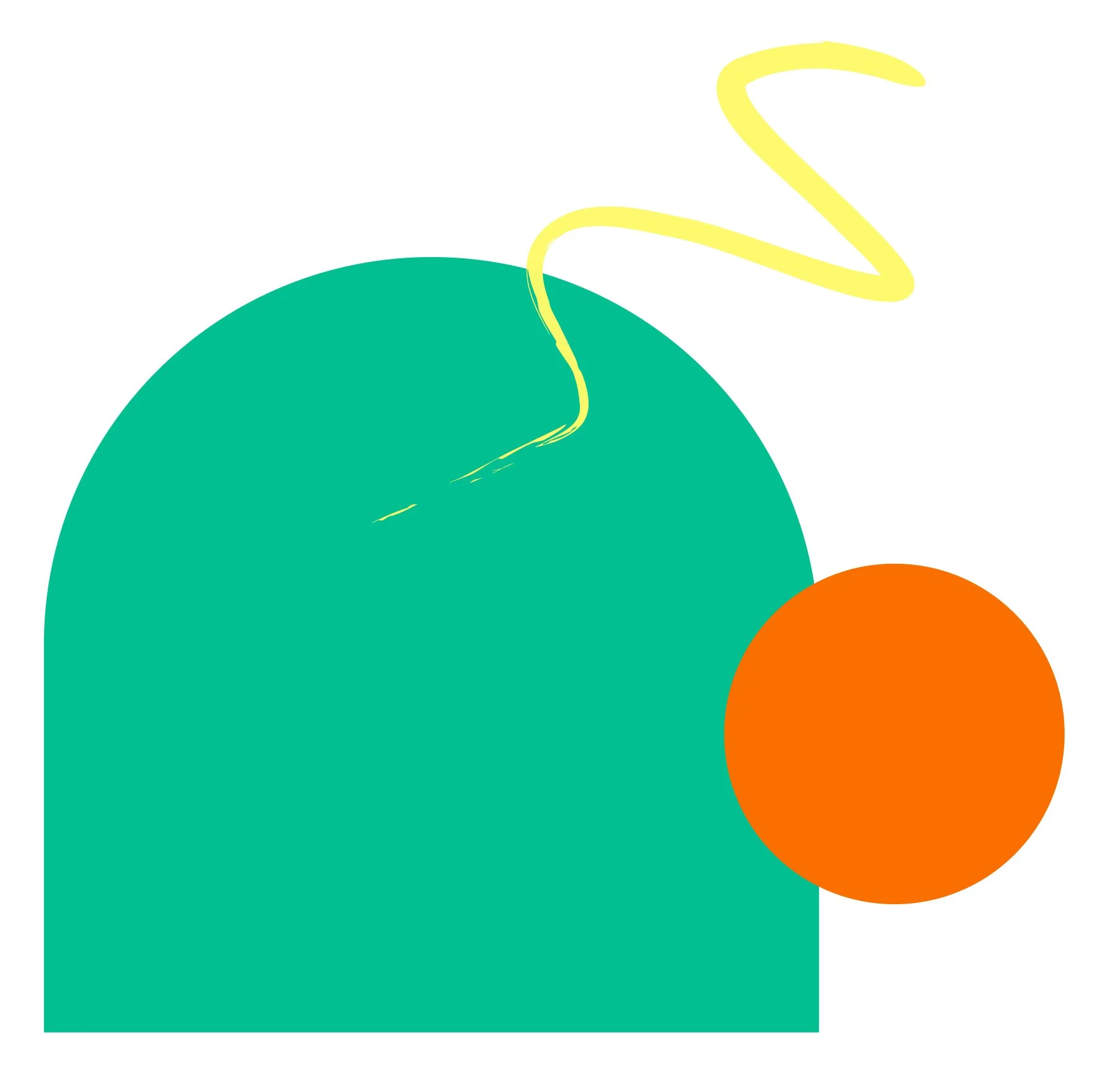 Abstract digital art featuring a large teal semicircle with a yellow squiggly line on top, an orange circle to the right, and a white background.