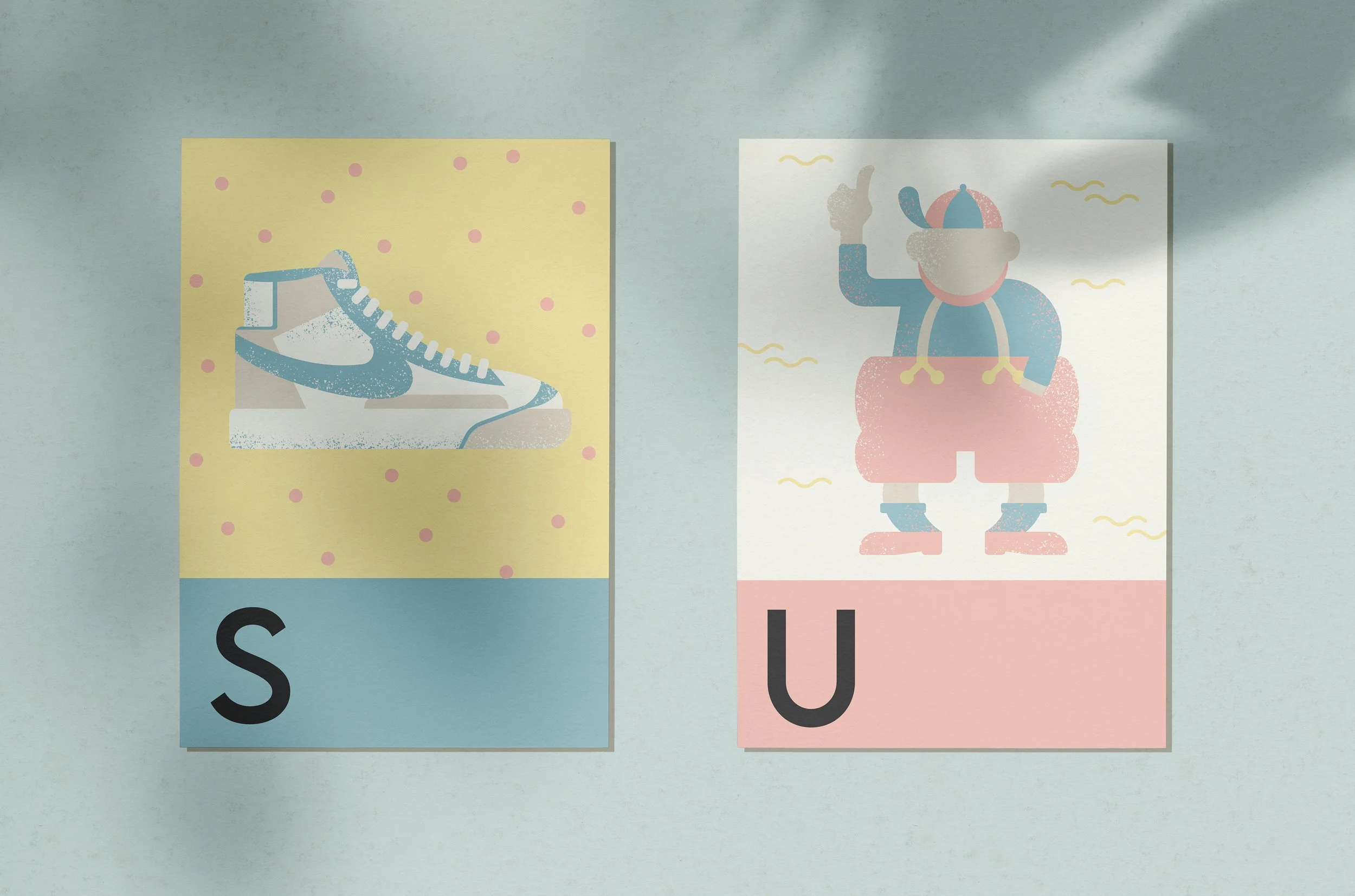 Illustration of a sneaker shoe on a yellow background with pink polka dots labeled with the letter 'S' and a cartoon character with sunglasses and pink shorts on a pink background labeled with the letter 'U'.