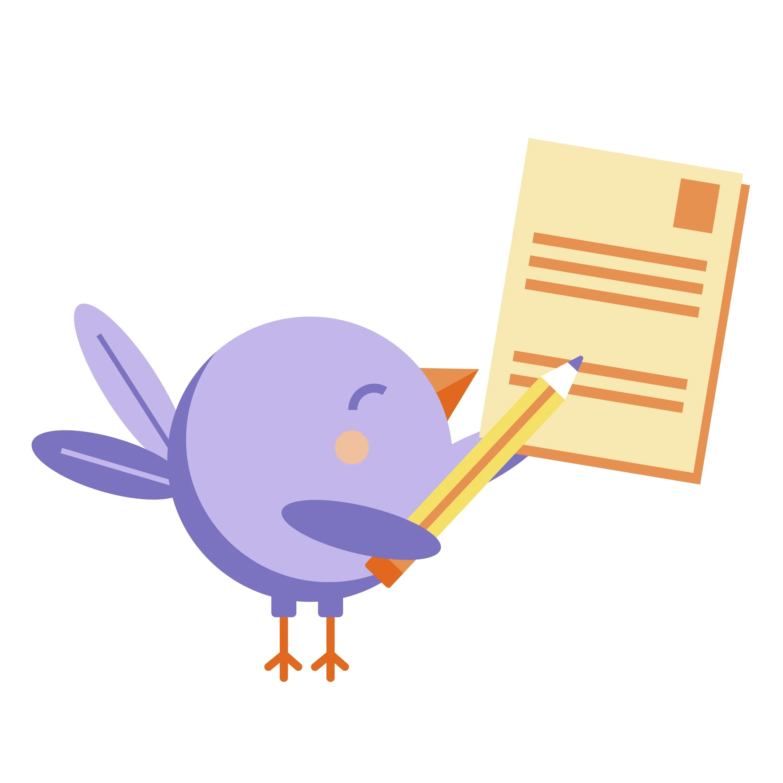 A cartoon purple bird holding a yellow pencil and writing on a piece of paper.