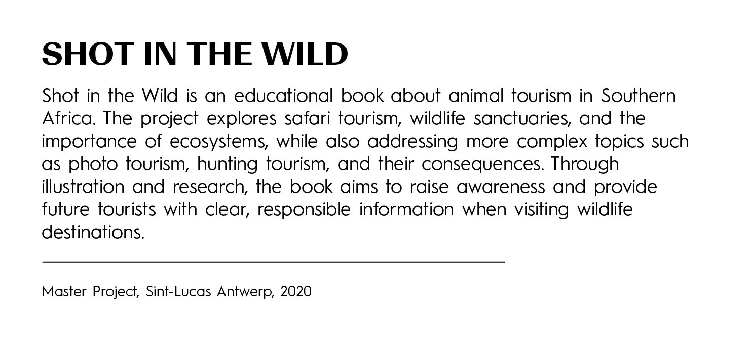 Text description about a book titled 'Shot in the Wild' which discusses animal tourism and wildlife sanctuaries in Southern Africa, highlighting responsible travel and the importance of ecosystems.