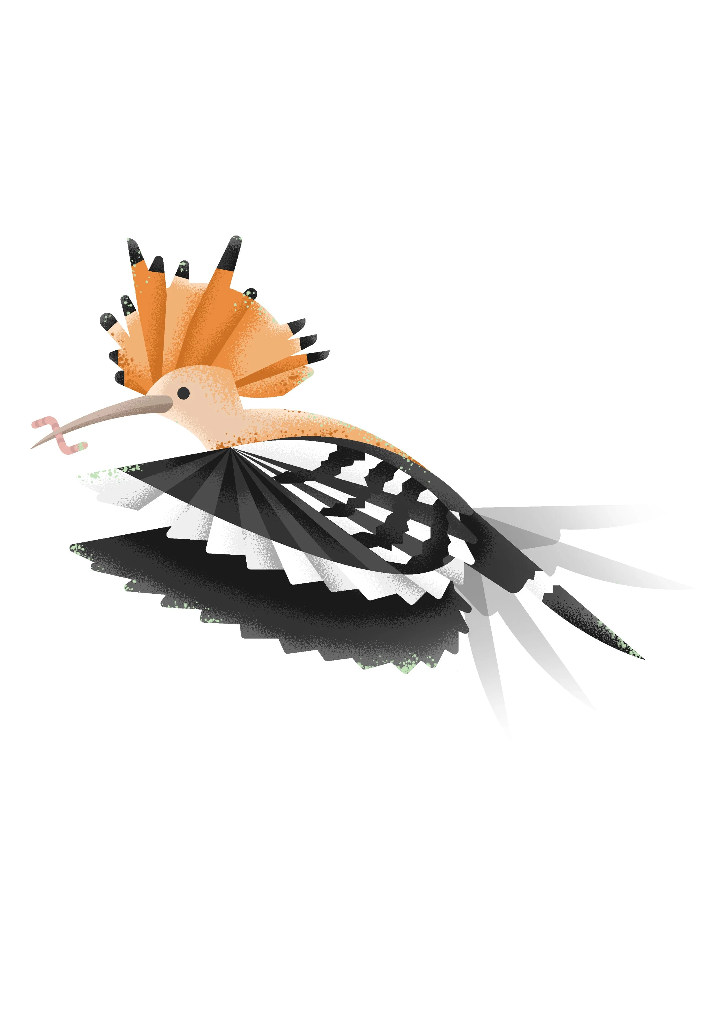 Stylized illustration of a bird with a lemur in its beak, featuring black, white, and orange colors, on a white background.