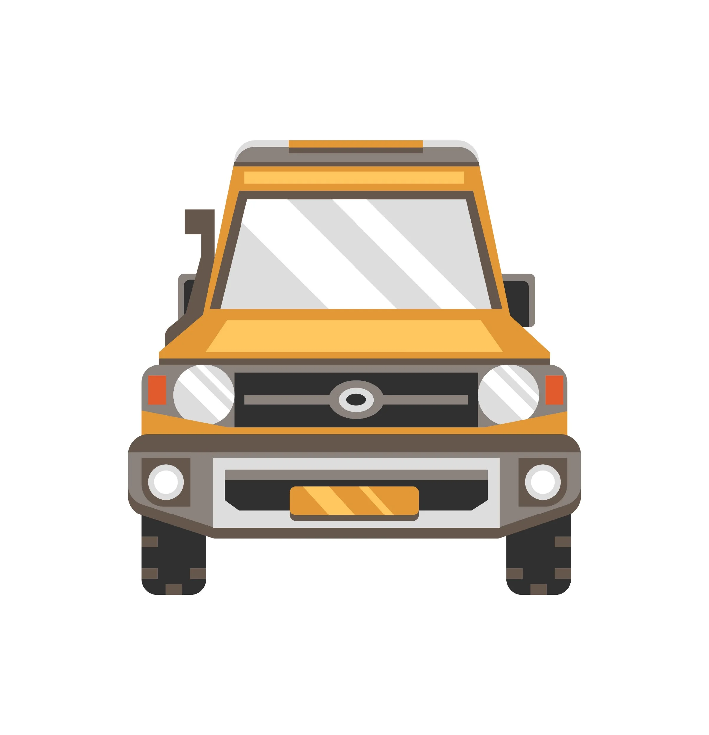 Front view of a yellow off-road vehicle with a large windshield, black grille, and rugged tires.