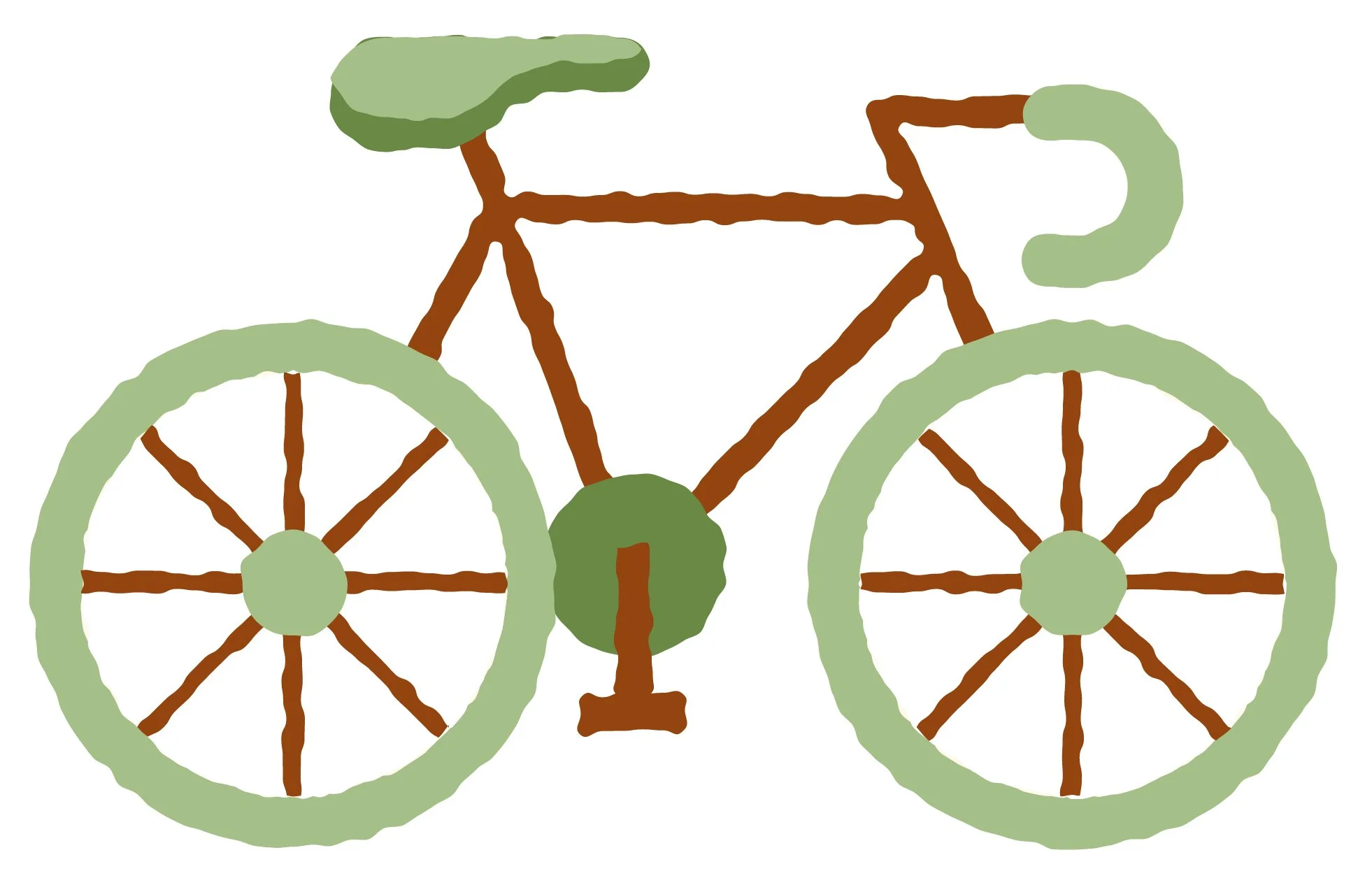 Hand-drawn illustration of a bicycle with green and brown colors.