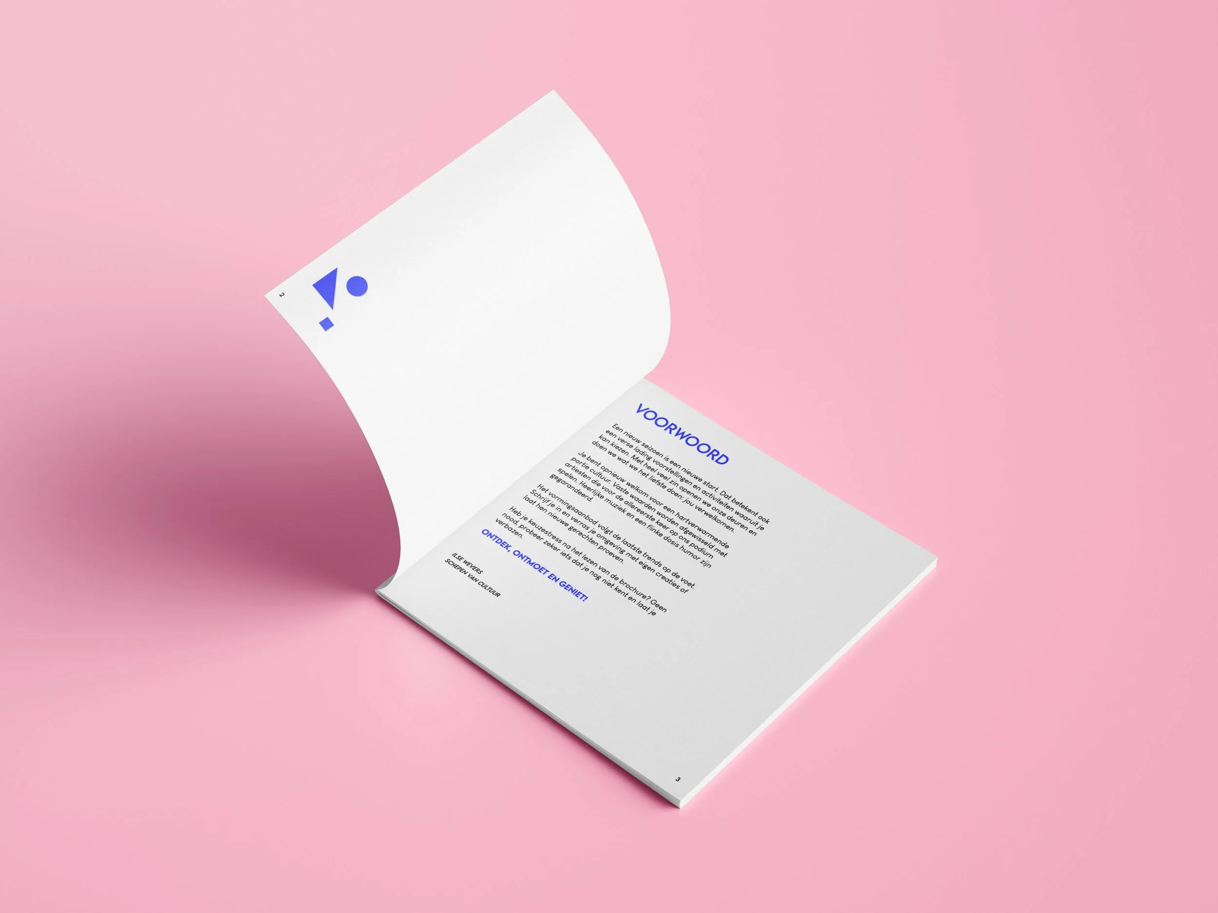 Open booklet on pink background, with blue and white design elements, displaying text in a foreign language.