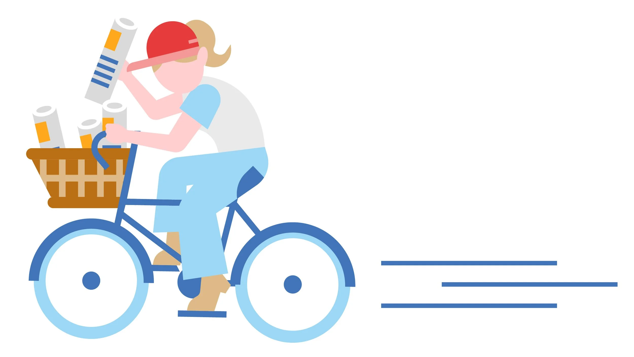 Illustration of a person riding a bicycle with a basket of paper towels and a red and tan cap, with lines indicating motion.