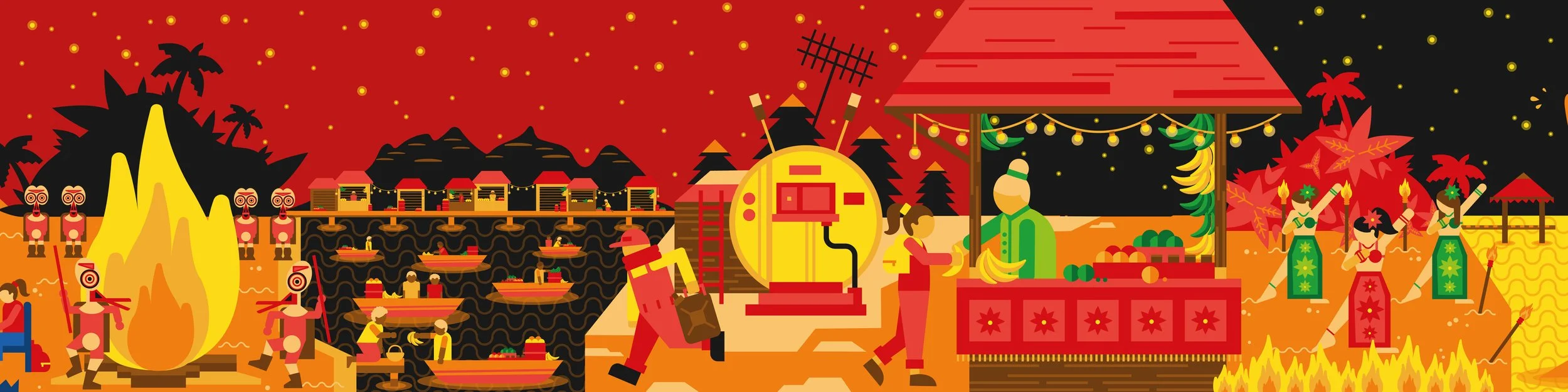 Colorful festival scene with fire dancers, floating lanterns, market stalls, and people enjoying a celebration.