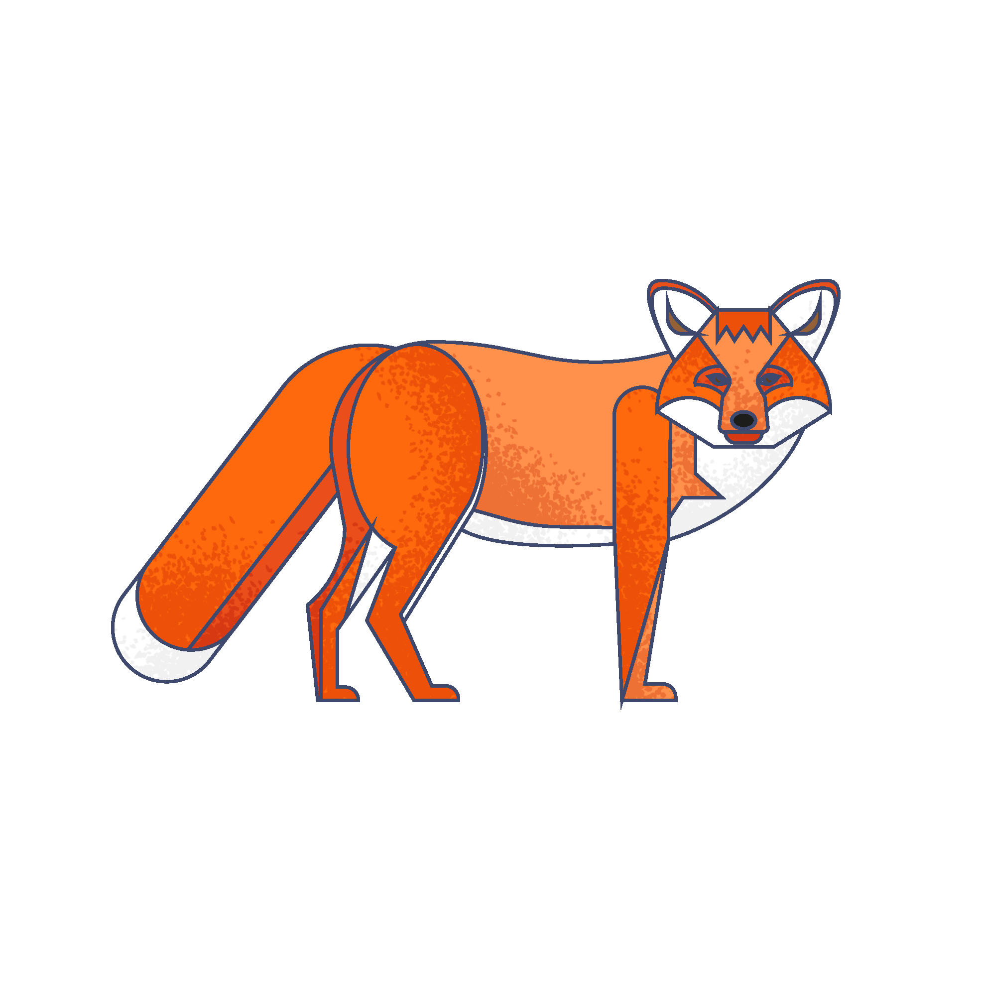 Stylized cartoon orange fox with white underbelly, black nose, and pointed ears, standing on a black background.