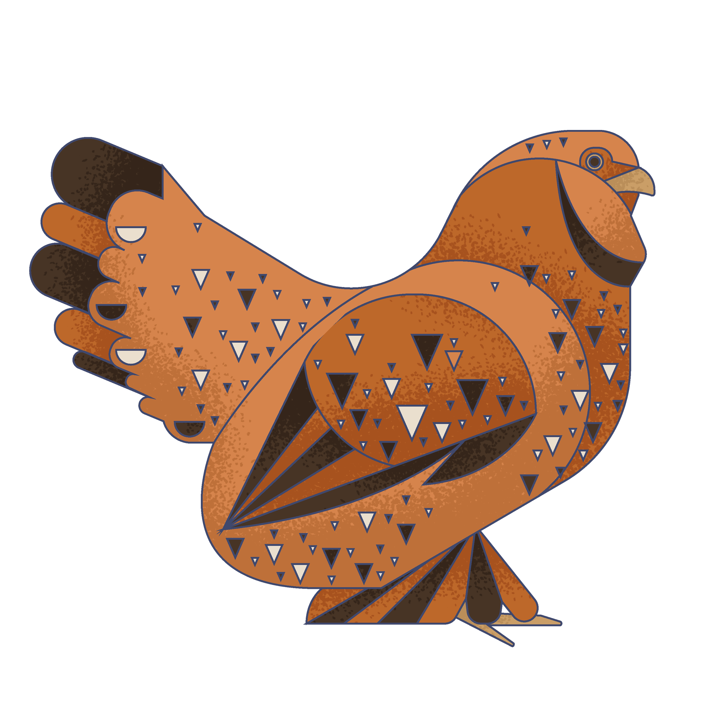 Stylized geometric illustration of a bird with a prominent curved body, small head, and beak, decorated with numerous small triangles in dark brown, white, and black on a dark blue background.