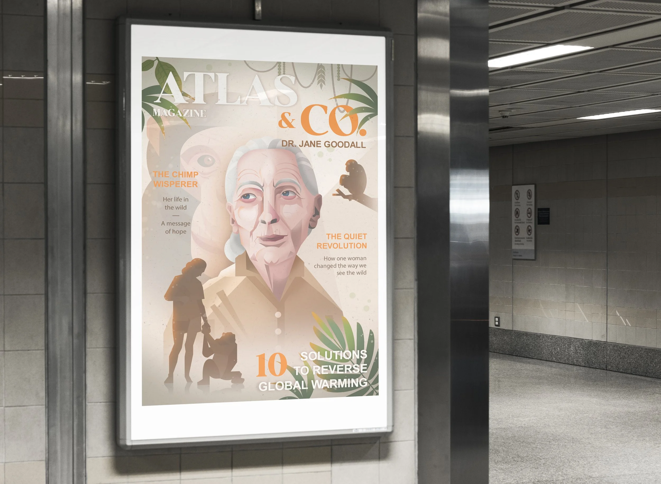 Poster featuring a stylized illustration of Dr. Jane Goodall with her iconic profile, promoting her magazine article on conservation and climate change solutions, with text about her life and impact.