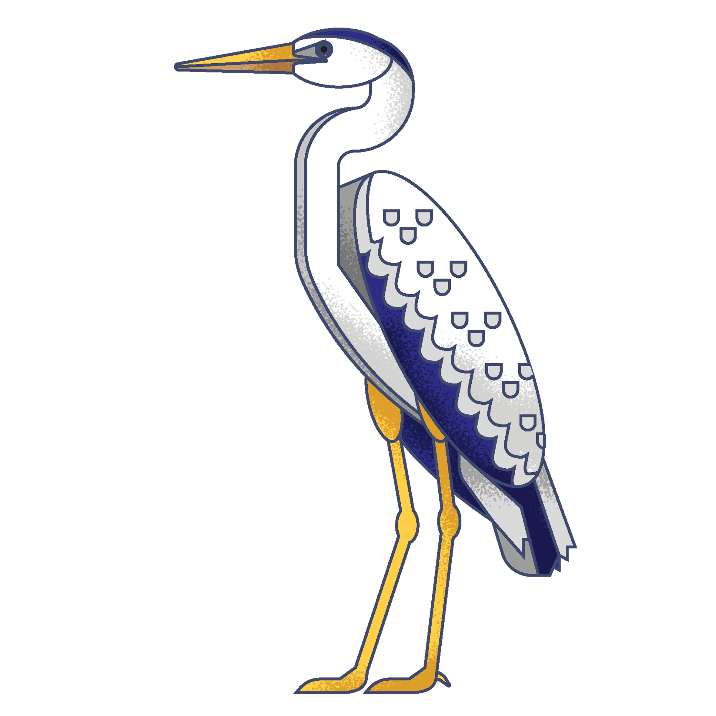 Stylized illustration of a heron with white and blue feathers, yellow beak and legs, standing against a dark blue background.