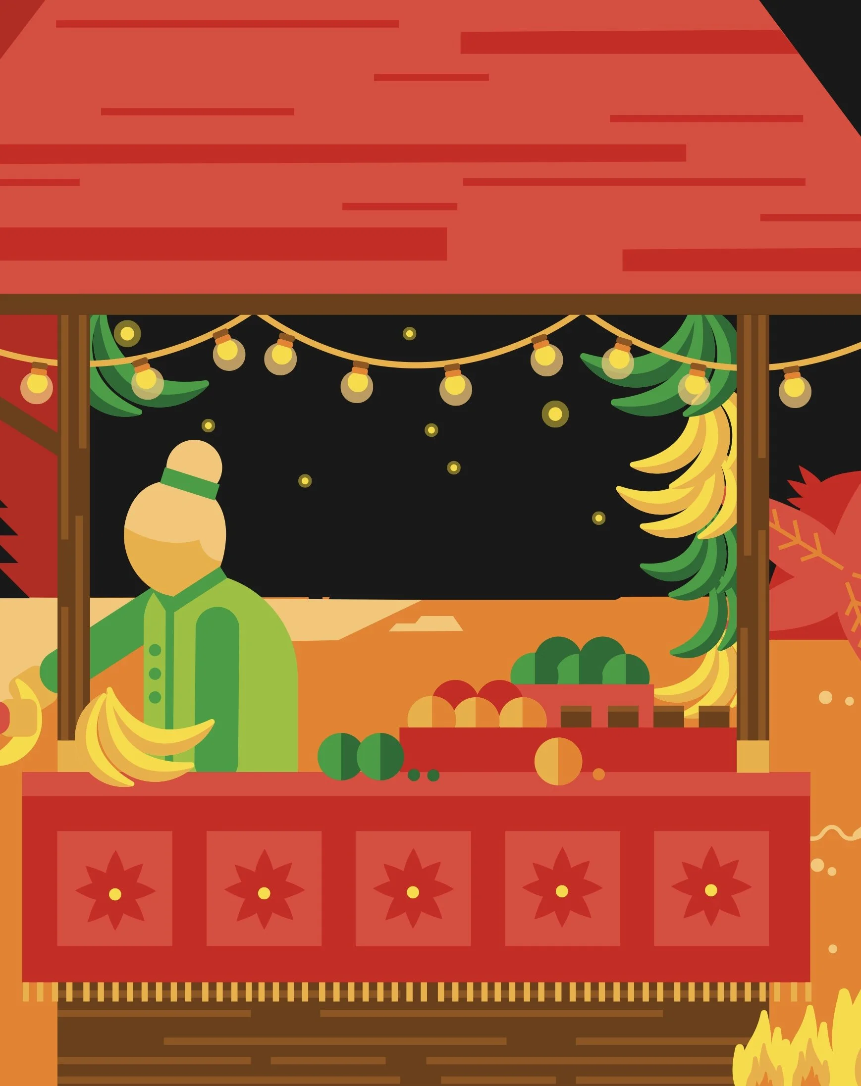 Colorful market stall decorated with string lights, bananas, strawberries, and greenery, set against a night sky with stars.