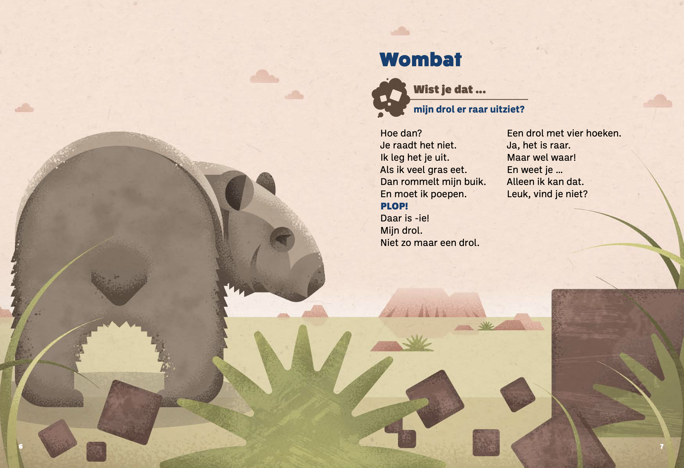 Illustration of a wombat with a rounded body, small ears, and a nose, standing on grass with rocks and plants, with a landscape background and a poem in Dutch on the right side.