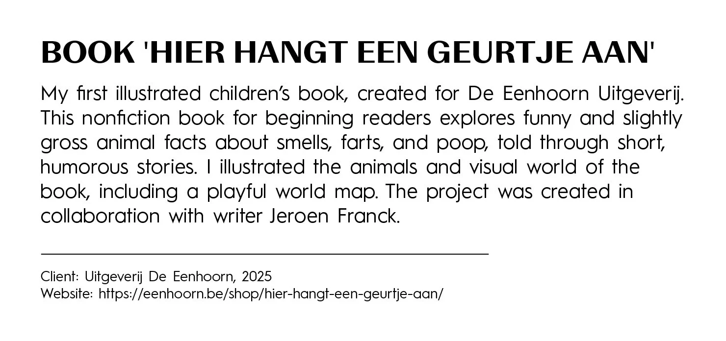 A promotional text describing a children's book titled 'Hier Hang Een Geurtje Aan' created for De Eenoorn Uitgeverij, featuring humorous stories and illustrations of animals focusing on smells, farts, and poop, with a world map and collaboration deta