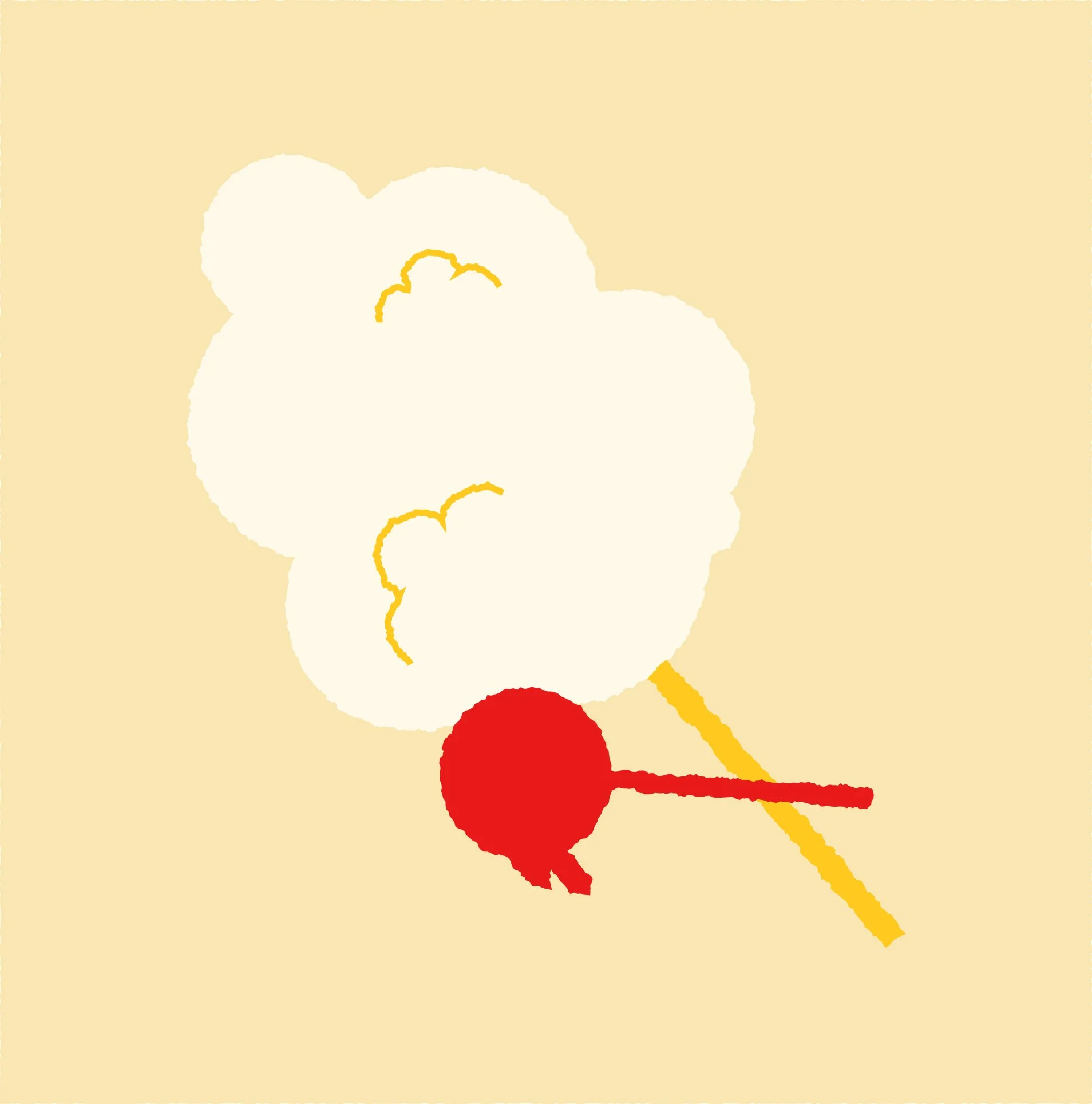 A simple illustration of cotton candy with a red seed or boll attached to its stem.