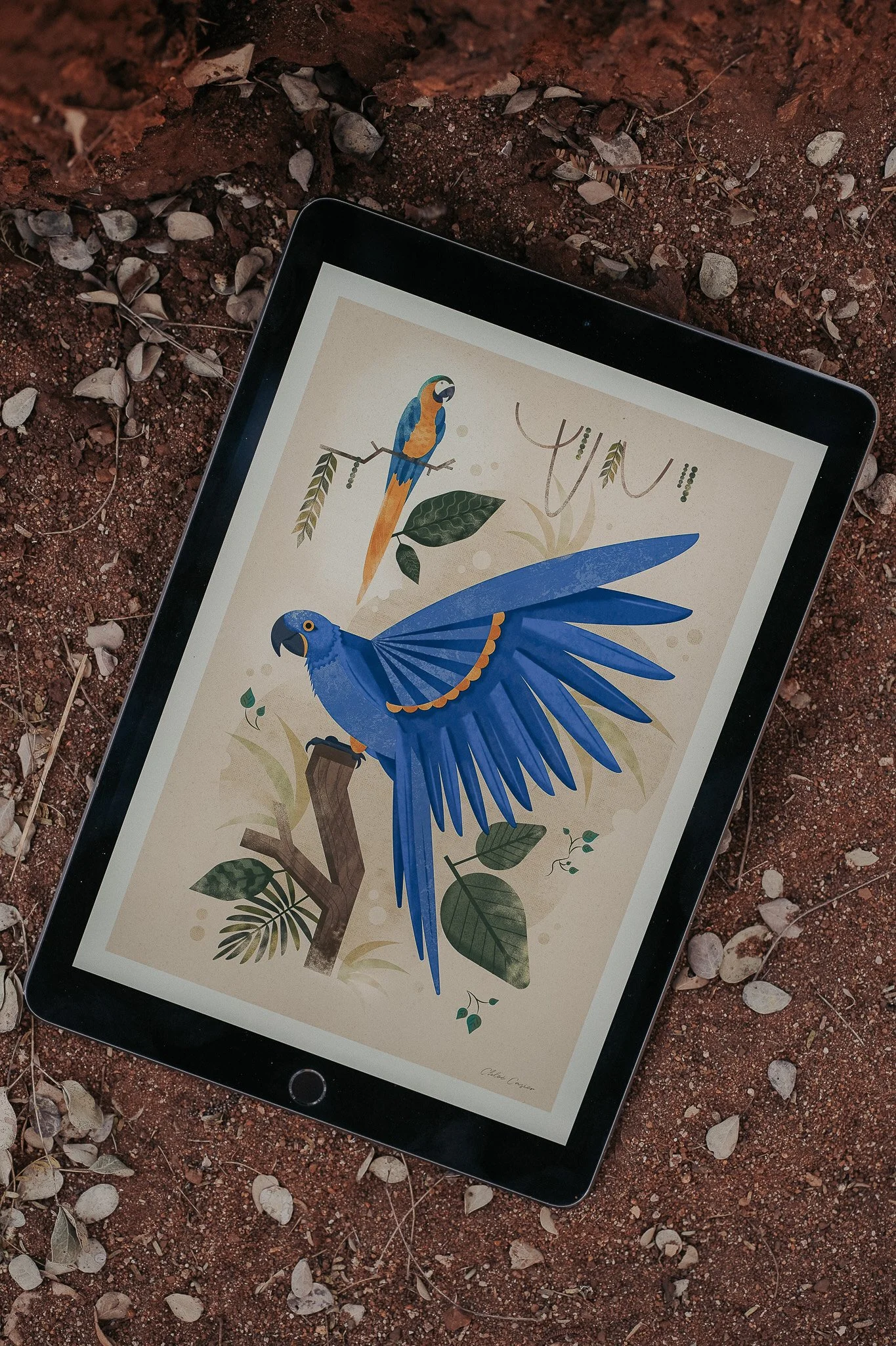 Digital illustration of two colorful parrots, one perched on a branch and the other in flight, surrounded by green leaves and plants.