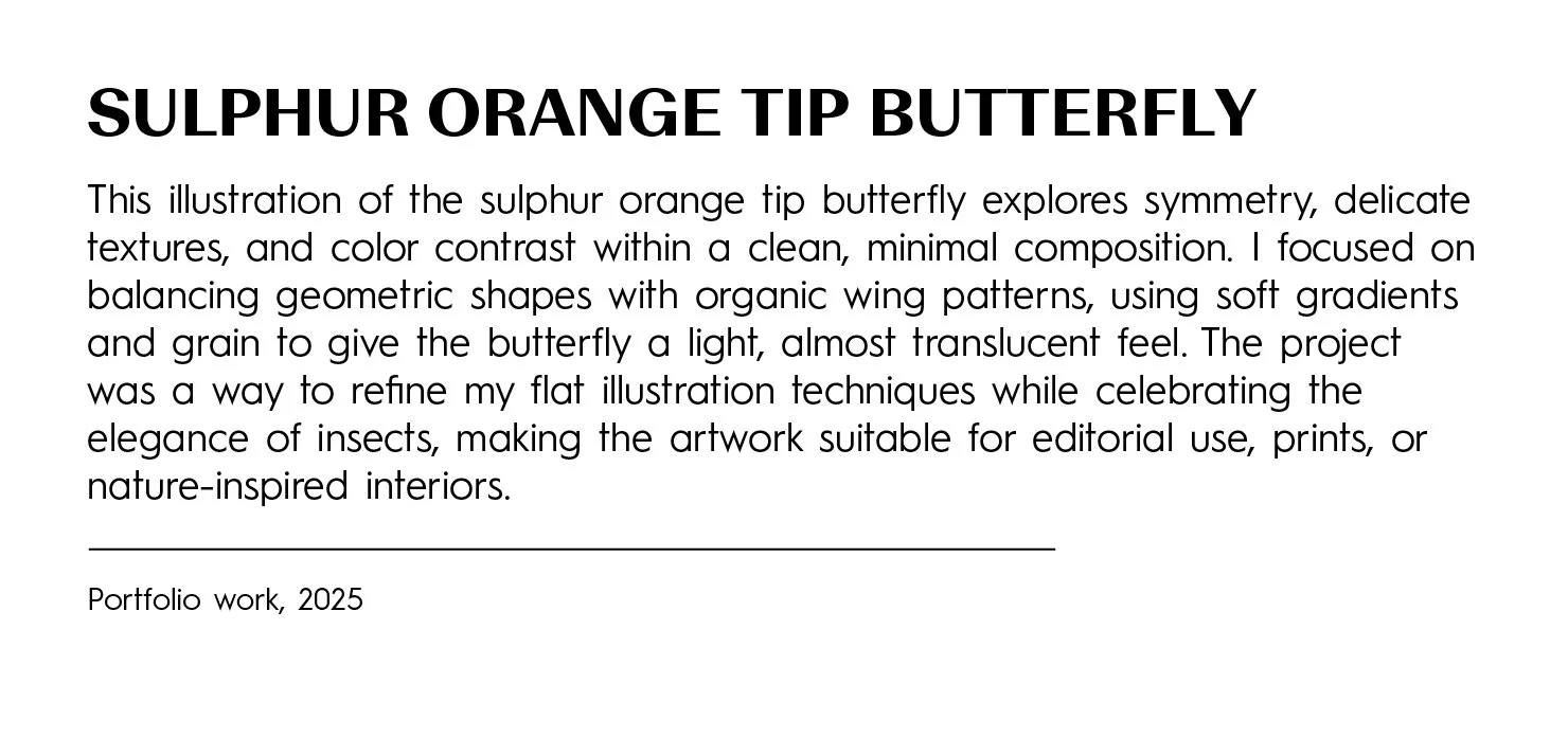 Text explaining the artistic concept of a sulphur orange tip butterfly, focusing on symmetry, delicate features, and color contrast within minimal composition, emphasizing organic wing patterns and soft gradients for elegant, nature-inspired artwork.