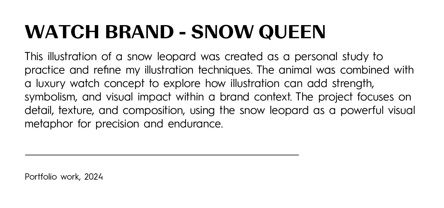 Text explaining a snow leopard and luxury watch concept, focusing on detail and symbolism for branding in a portfolio from 2024.
