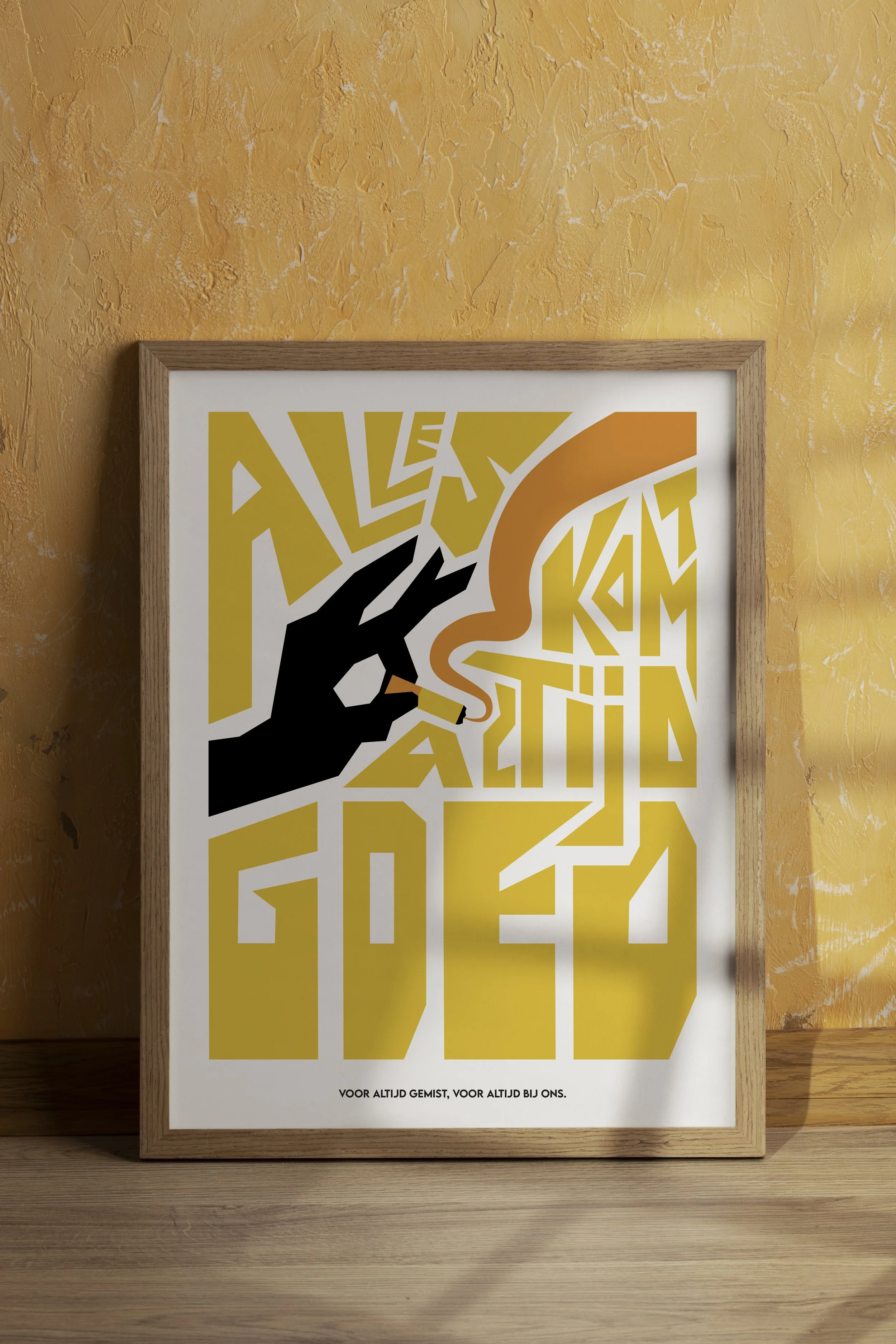 A framed poster on a yellow textured wall with abstract black, orange, and yellow shapes and text in Dutch reading 'Voor altijd gemist, voor altijd bij ons.'