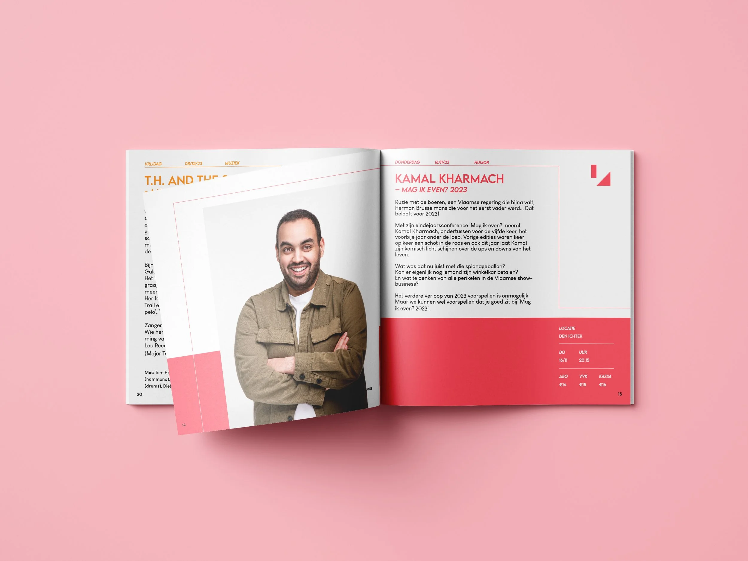 An open magazine on a pink surface showing a two-page spread. The left page features a portrait of a smiling man with crossed arms, wearing a beige jacket. The right page contains a profile about Kamal Kharmach with text in Dutch and a red section at