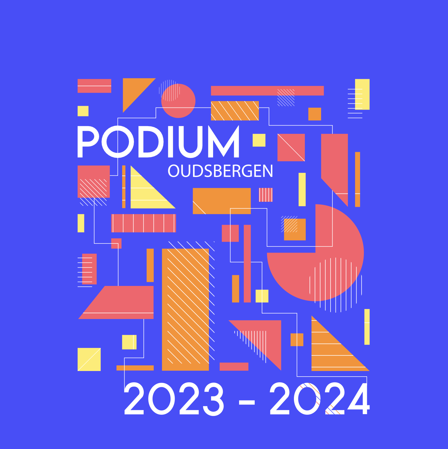 Colorful geometric abstract background with text 'PODIUM OUDsbergen 2023-2024' in white, set against a blue background.