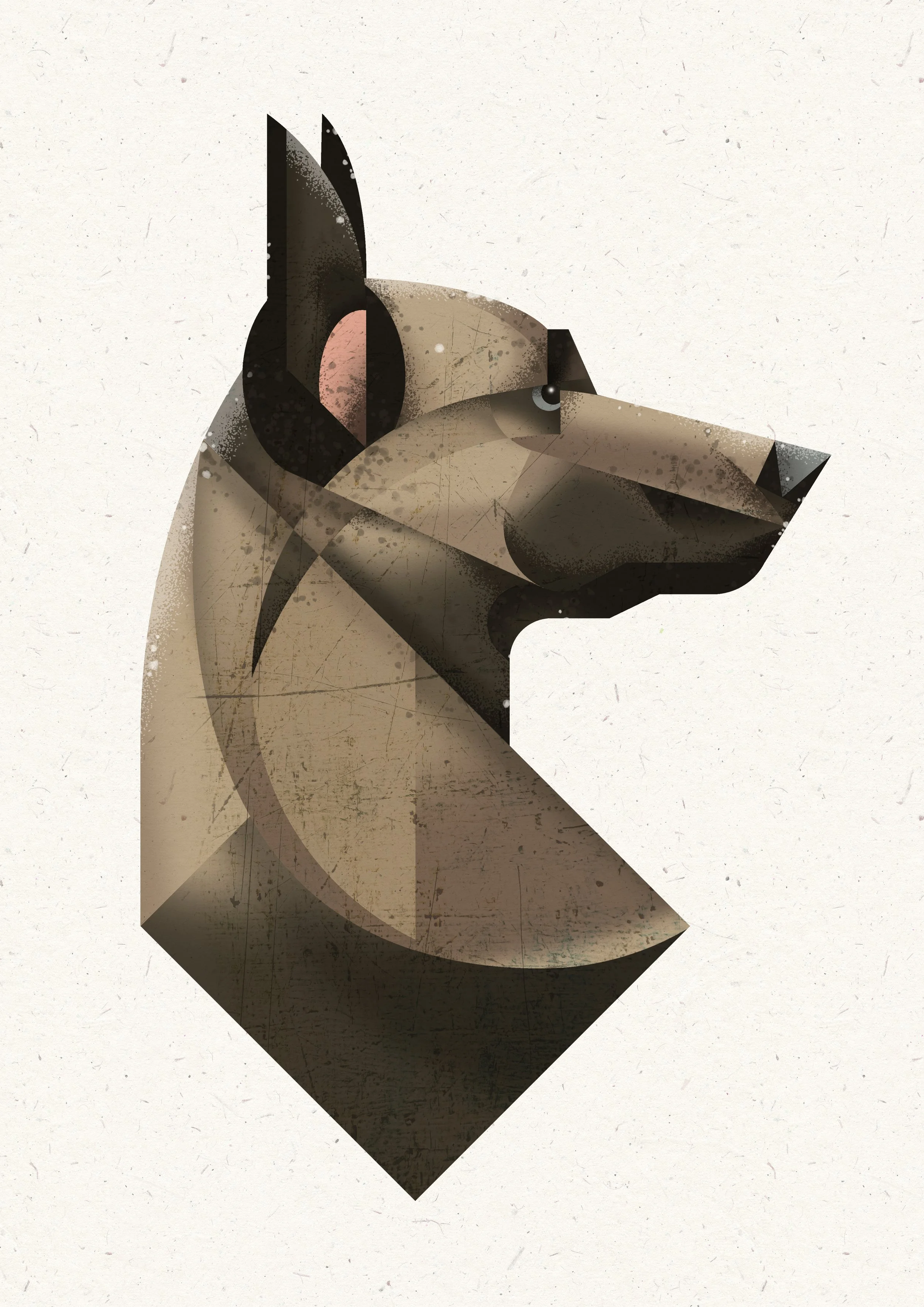 Stylized digital illustration of a dog's head in profile, featuring abstract geometric shapes and a textured background.