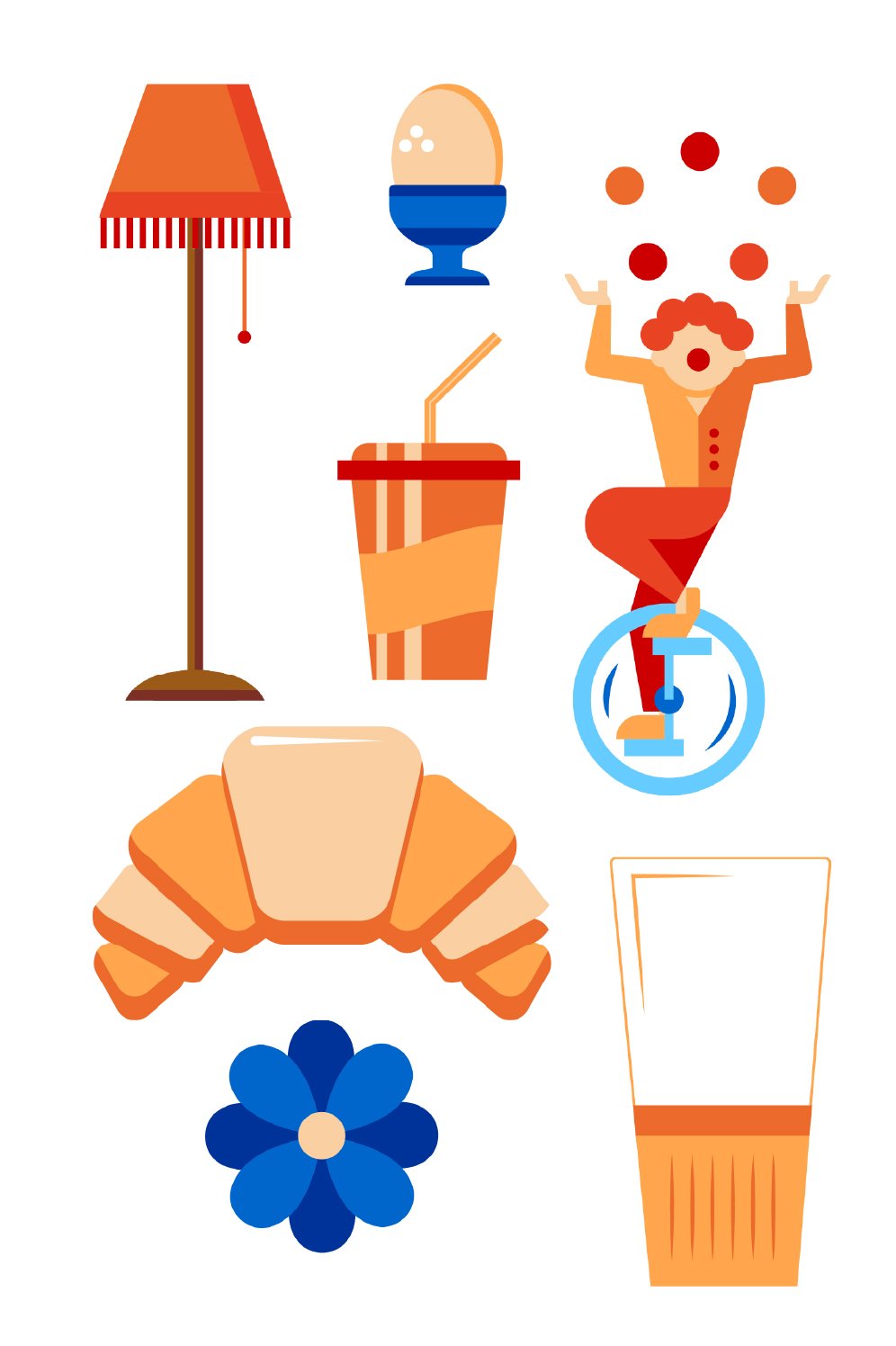 Collection of summer-themed items including a street lamp with a red and white striped shade, a soft-boiled egg in an egg cup, a woman juggling red balls, a striped drink with a straw, a croissant, a blue flower, and a tube of sunscreen.