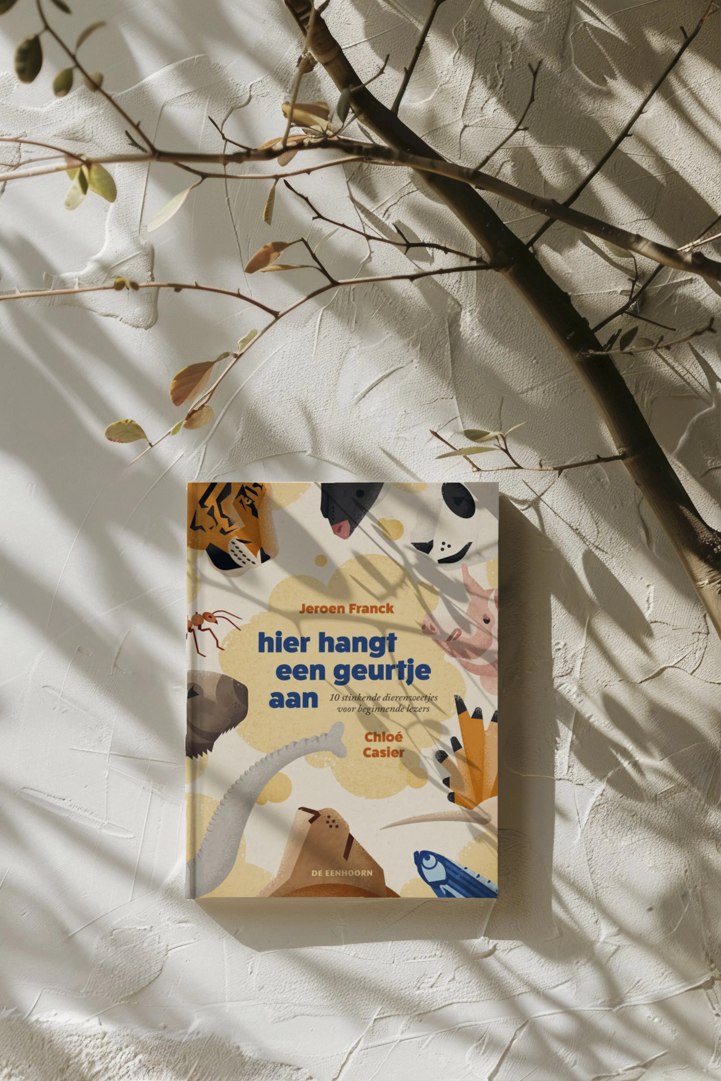 A children's book titled 'hier hangt een geurtje aan' by Jeroen Franck and Chloé Casier, surrounded by a sprig of a dried plant with small leaves, placed on a textured white surface, with sunlight casting soft shadows.